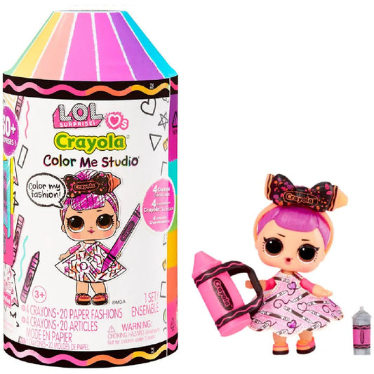 L.O.L. Surprise! Loves CRAYOLA - Colour Me Studio con Muñeca Coleccionable - Más de 30 Sorpresas incluyendo Muñeca, Vestidos de Papel y 4 Crayones - Packaging capsula de crayón - Edad: 3+ años