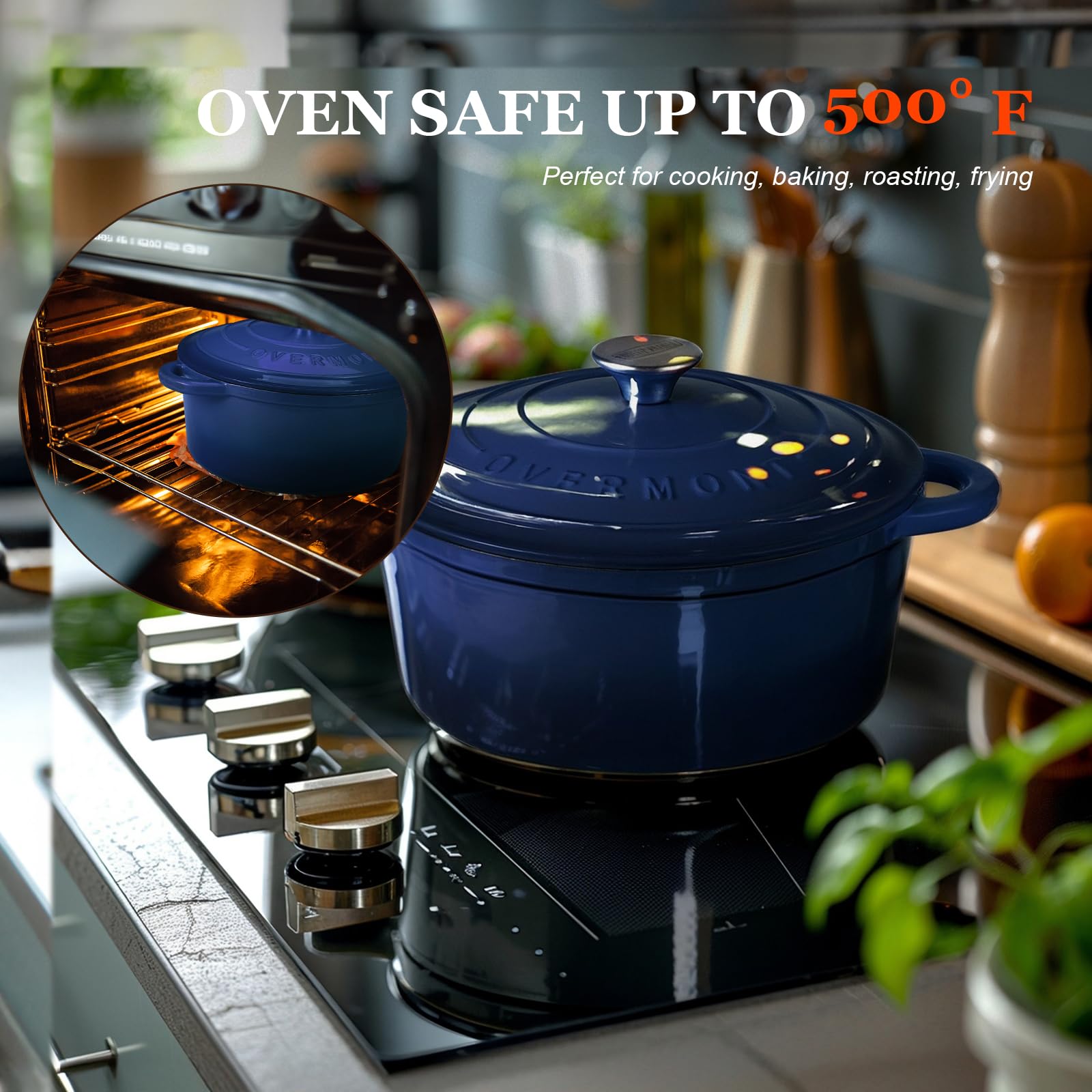 Overmont - Horno holandés de hierro fundido esmaltado, olla de 5.5 cuartos con tapa, libro de cocina y agarraderas de algodón, utensilios de cocina resistentes para estofar, guisos, asar, hornear pan