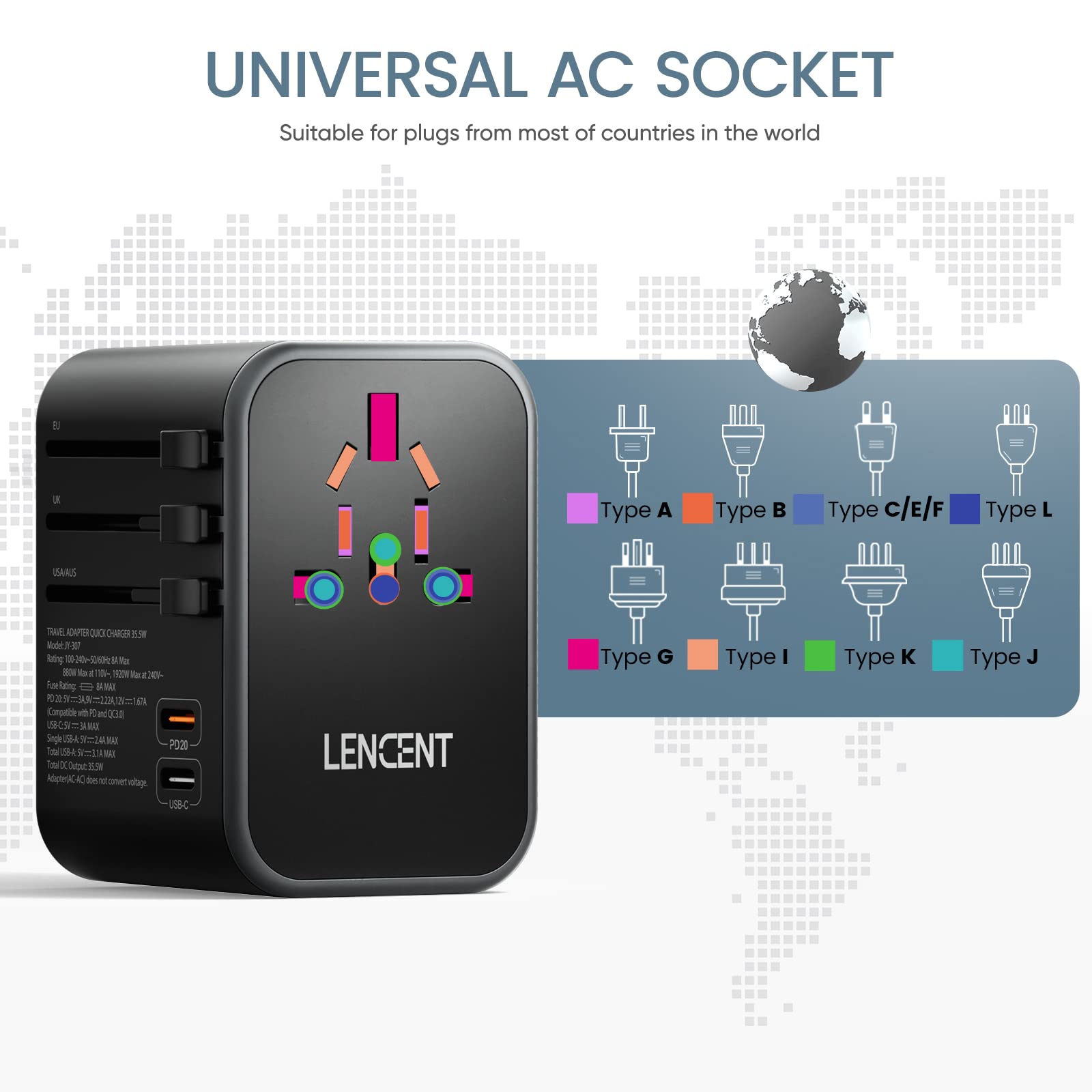 LENCENT Adaptador Universal de Viaje, Cargador Internacional con 3 Puertos USB & 2 PD USB-C, Adaptador Cargador Europeo con Enchufe Tipo A/C/G/I para USA/UE/Reino Unido/Australia/Argentina/China