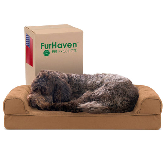 Furhaven Pet - Cama para perros | Gel refrescante, espuma viscoelástica, acolchada, tipo sofá, cama para perros y gatos, marrón tostado, mediana