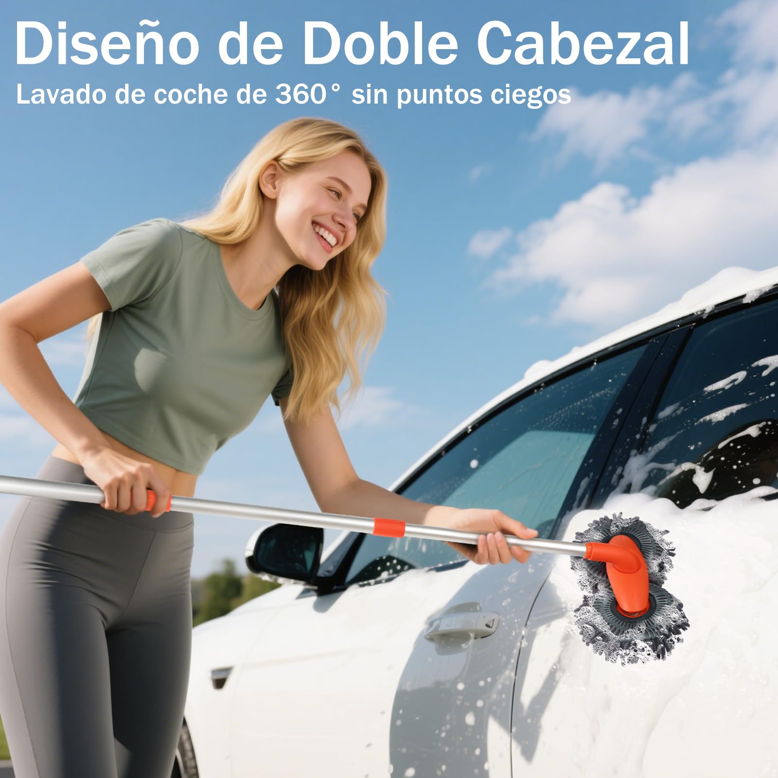 BYHANG Cepillo para Lavar Carros con Mango Largo, Juego de Cepillos para Limpieza de Coches, con 360° Cepillo Giratorio de Doble Cabezal, para Limpiar Coches, Neumáticos (Color Naranja)