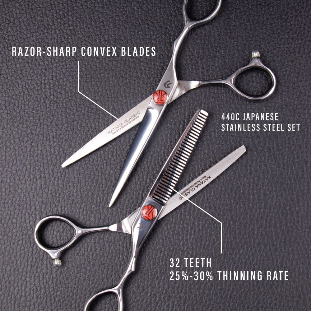 Juego de tijeras Katana Classic Profesional de 6.5" de Tokko Shears, tijeras premium de acero japonés 440C regulares y de adelgazamiento para barberos y profesionales de salón