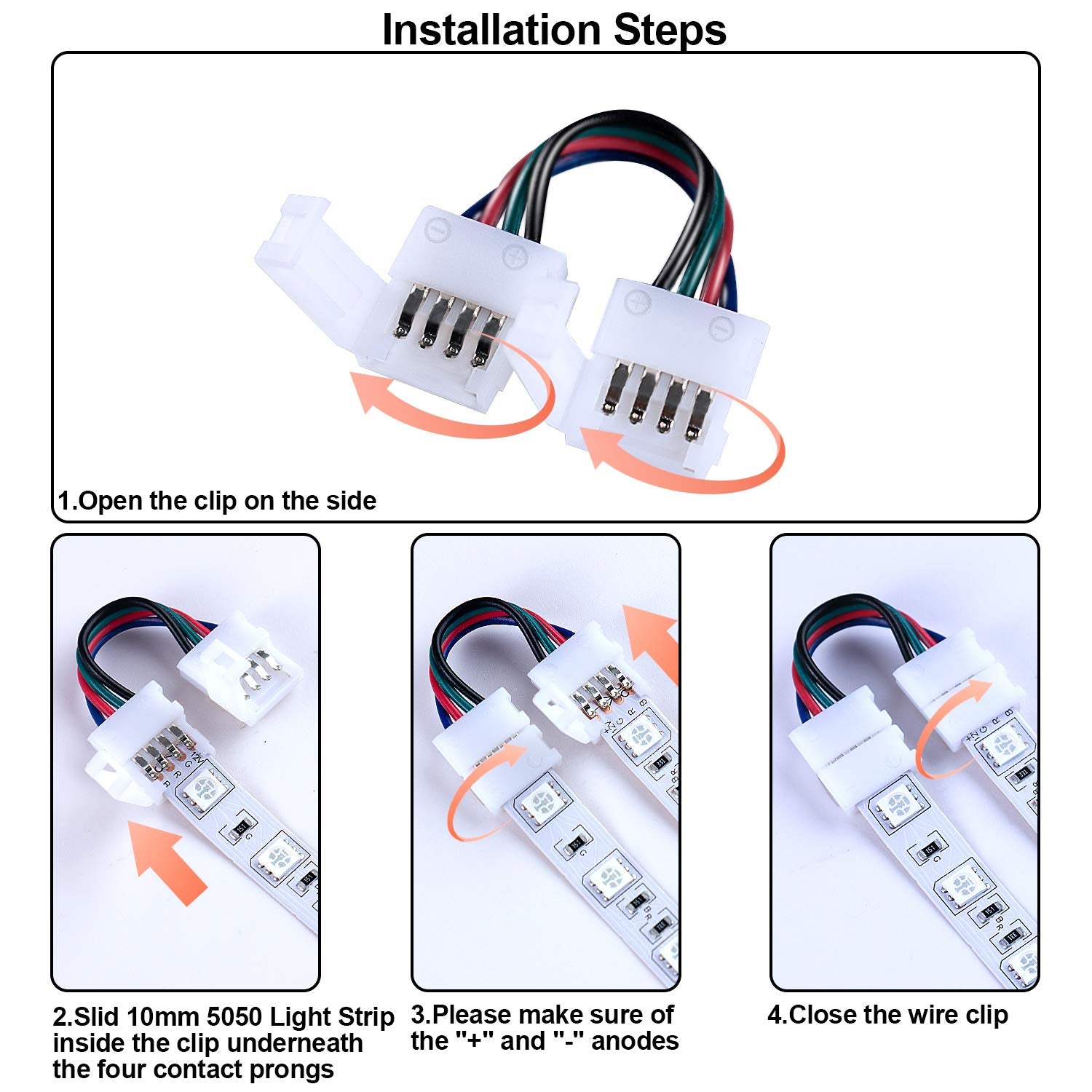 KULUNER 10 paquetes de 4 pines RGB LED tira de luces – tira a tira de 10 mm adaptador sin soldadura de extensión de terminal para tira de LED SMD 5050 multicolor (10 paquetes de 4 pines RGB conectores)