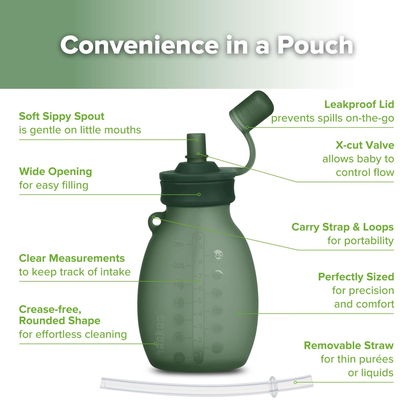 haakaa Hippo - Bolsa de silicona de apertura ancha, 260 ml, 4 unidades, color verde guisante
