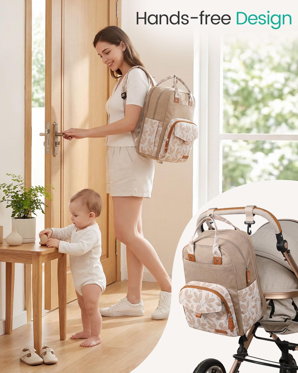 Qualyphant Mochila para pañales extragrande para dos niños, expandible, de 35 l, para mamá, niña, niño, papá, niño pequeño, bolsa grande para pañales de viaje, 21 bolsillos (4 aisl Hoja de color caqu
