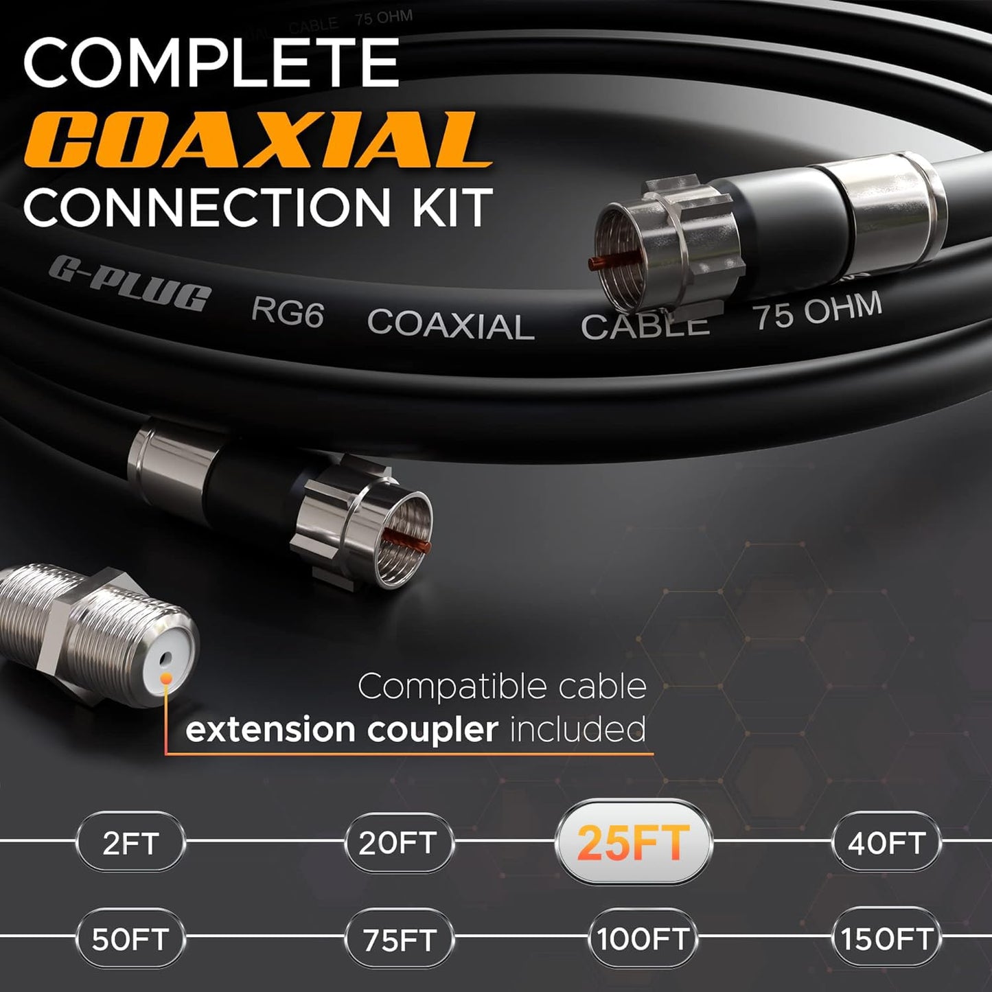 G-PLUG Cable Coaxial RG6 75 Ohm, Triple Blindaje, Conectores F Tipo Macho a Macho, Cable Antena TV, Satelital e Internet Banda Ancha, Incluye Acoplador F81, Negro