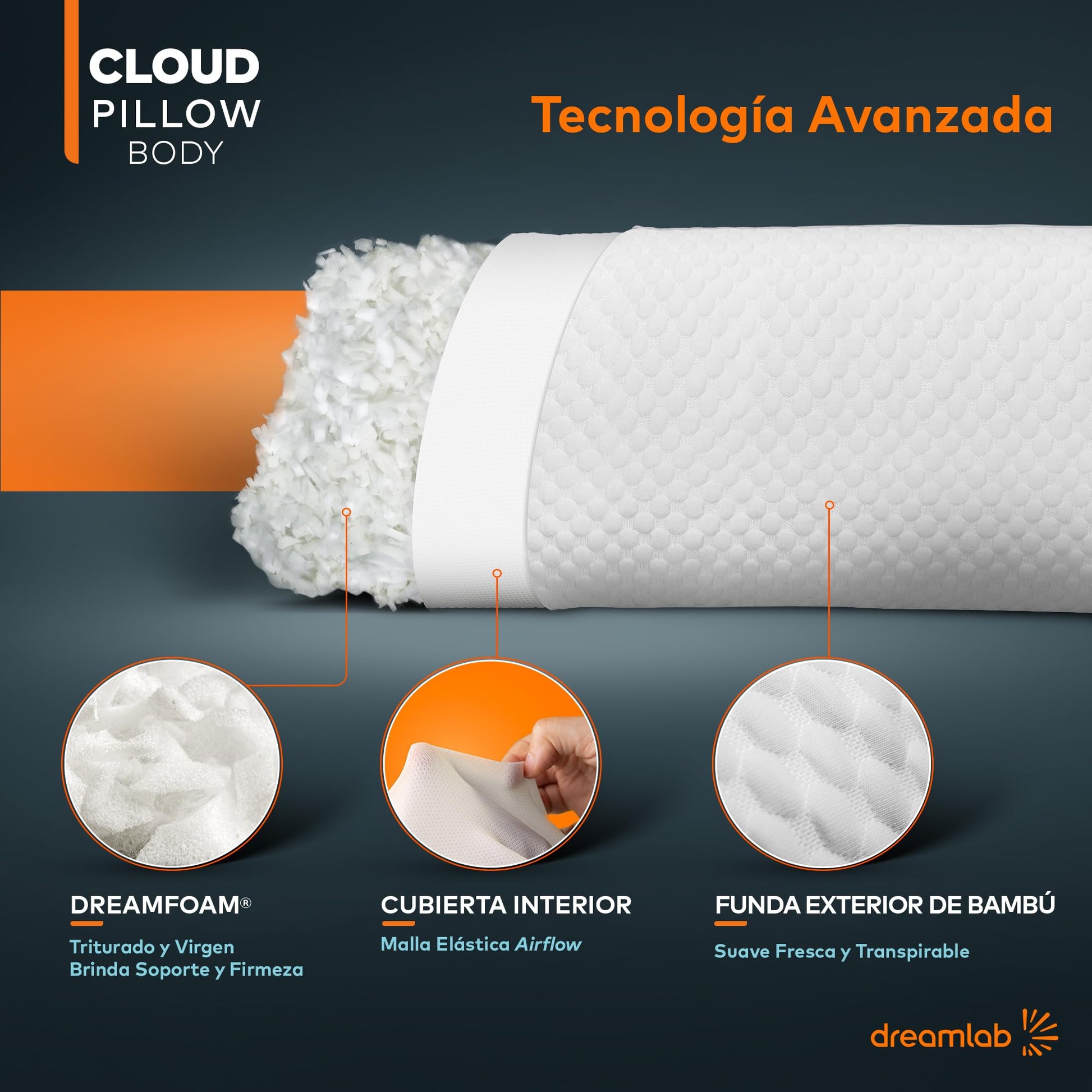 Almohada Corporal Dreamlab Bambú Altura Ajustable y Memory Foam Hipoalergénica