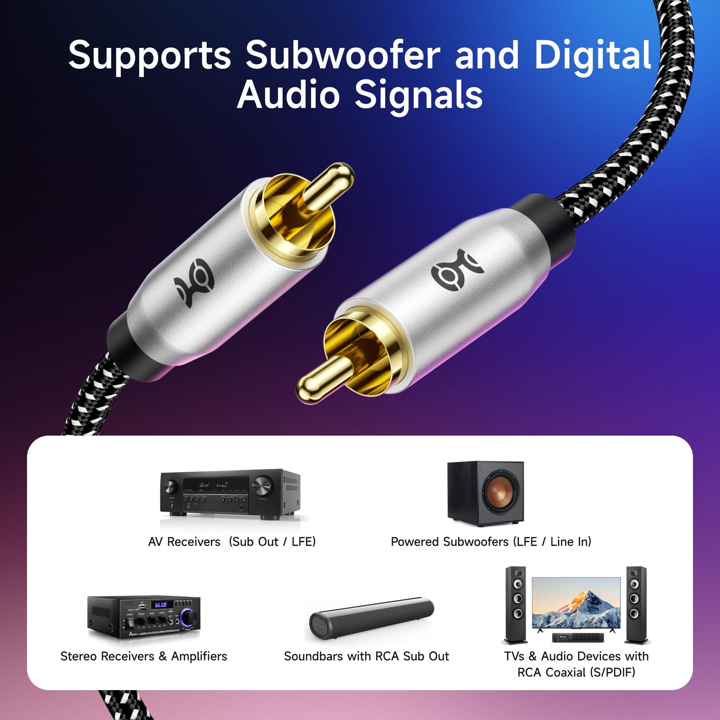 Cable Matters - Paquete de 2 cables de subwoofer blindados - 1,8 m, cable RCA, cable de audio coaxial digital para subwoofer LFE, sistemas de cine en casa y más