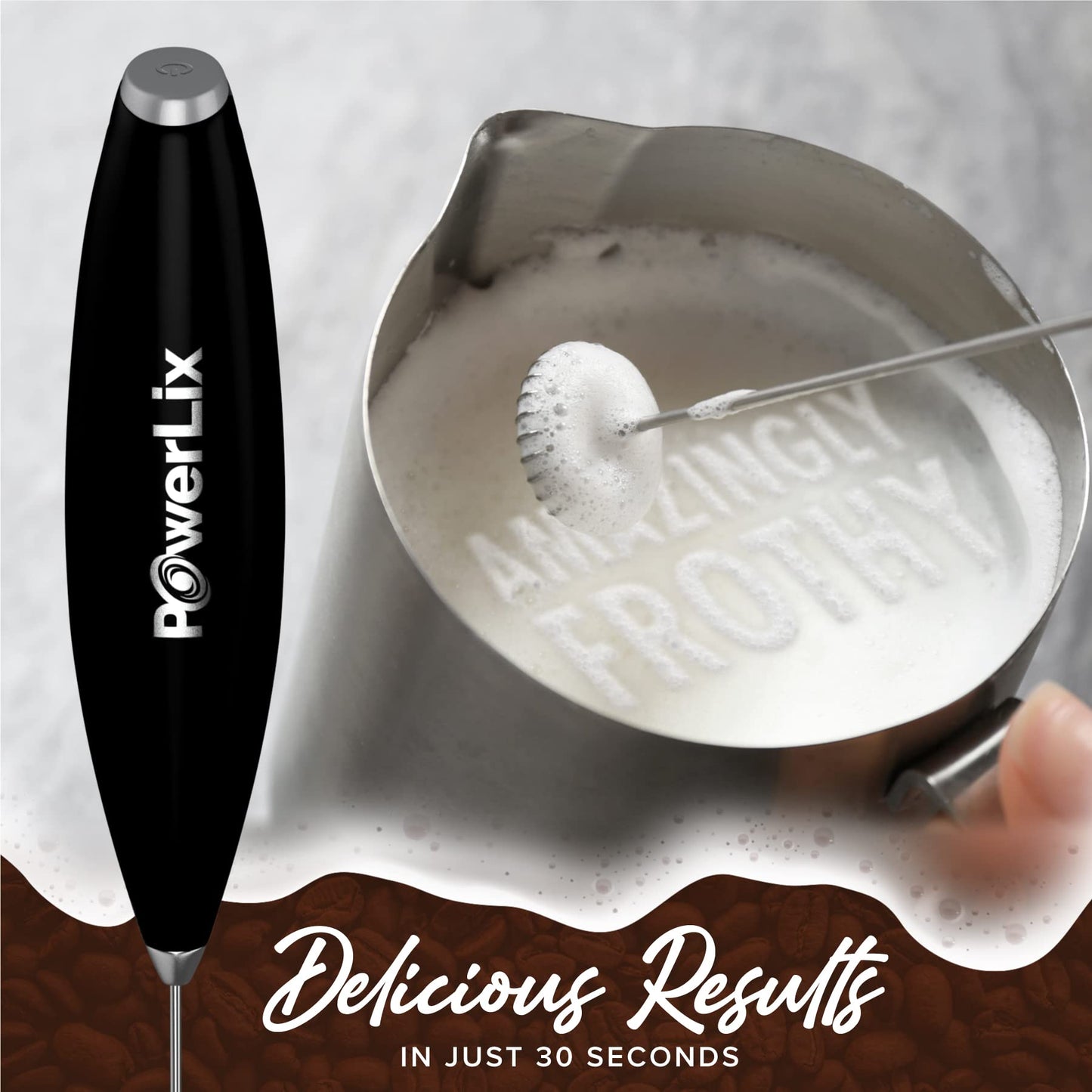 Espumador de Leche PowerLix Negro Potente de Mano con Soporte para Café