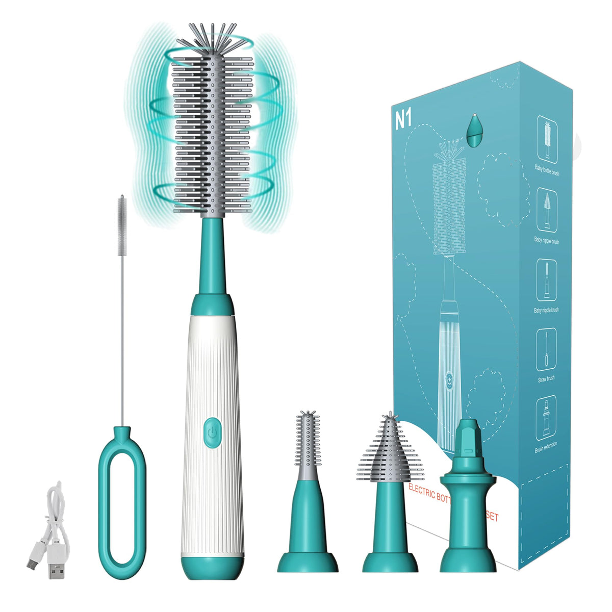 Acodoy Electric Bottle Brush Set with Baby Bottle Brush 4-Piece,Bottle Brush2,Nipple Brush,Straw Brush and Extension Handle,USB Rechargeable (Green)