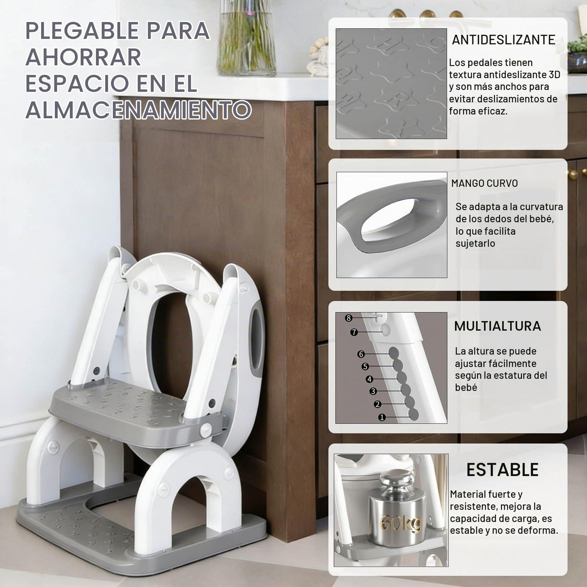 Asiento para orinal 2 en 1 para niños pequeños, con taburete plegable y escalera ajustable para niños y niñas, con protector contra salpicaduras (gris)