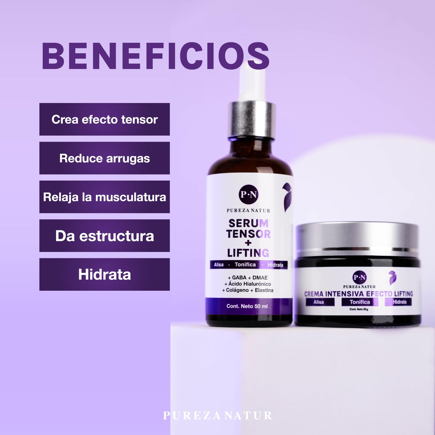 PUREZA NATUR Pack Tensor + Lifting serum tensor y crema lifting intensiva | Paquete completo de suero 50ml + crema 50g para el cuidado de la piel, hidratación y rejuvenecimiento (Pack Tensor Lifting)