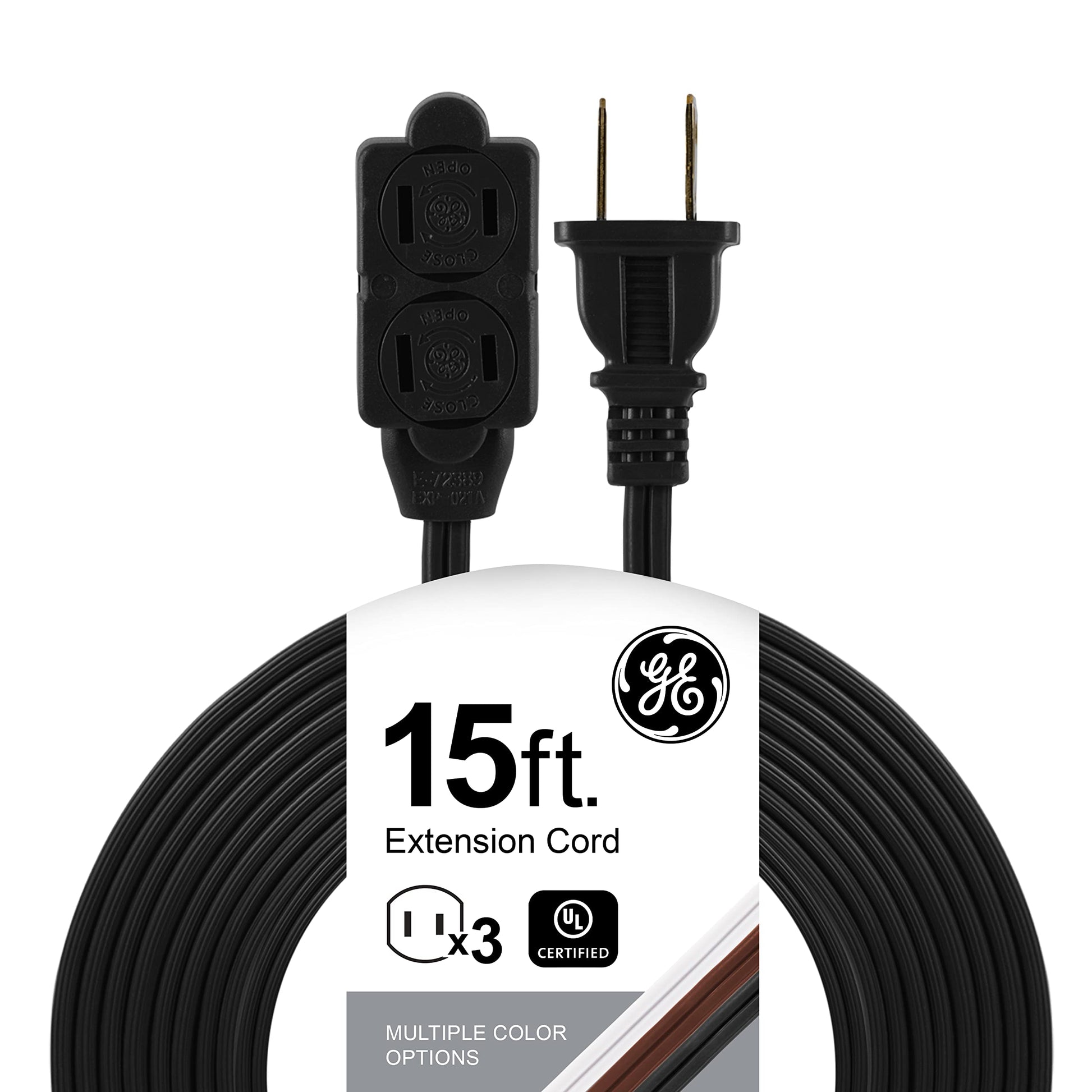 GE 45154 - Cable de extensión de 3 salidas con múltiples tomas, cable de extensión de 15 pies, tira de alimentación de 2 clavijas, calibre 16, tapas de salida de seguridad de giro para cerrar