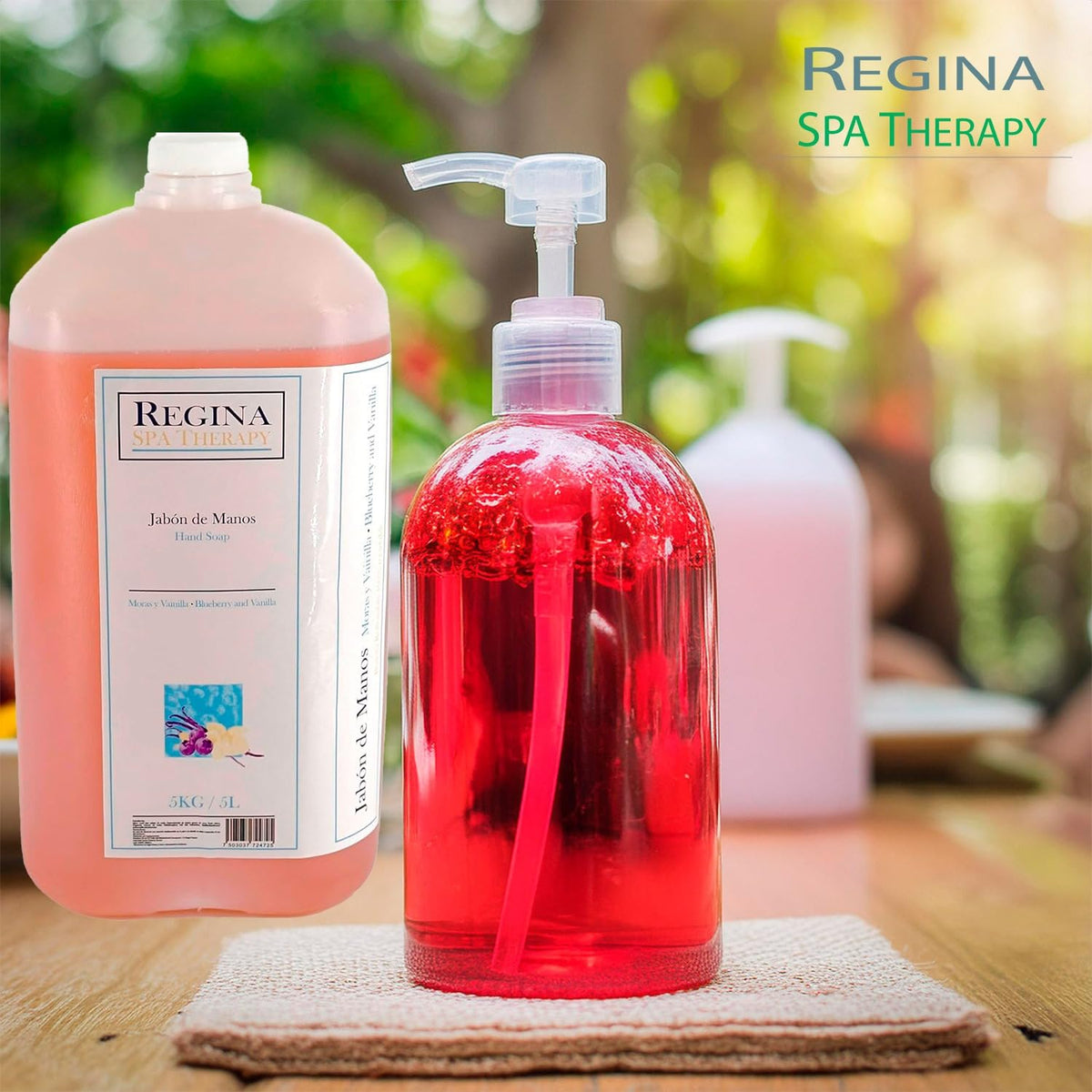 Regina Spa Therapy-Jabón para manos de uso hotelero hecho a base de esencia de moras y vainilla. 5 litros. Suavidad Aromática: Jabón de Manos para una Experiencia Sensorial.