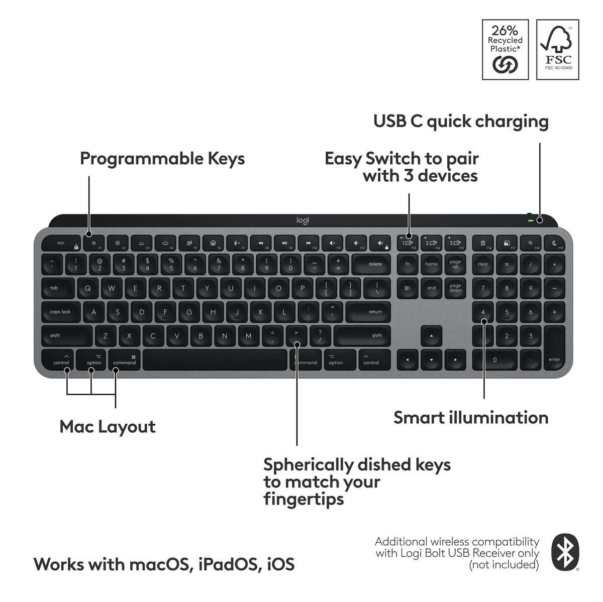 Teclado inalámbrico Logitech MX Keys S gris escritura precisa para MacBook e iMac