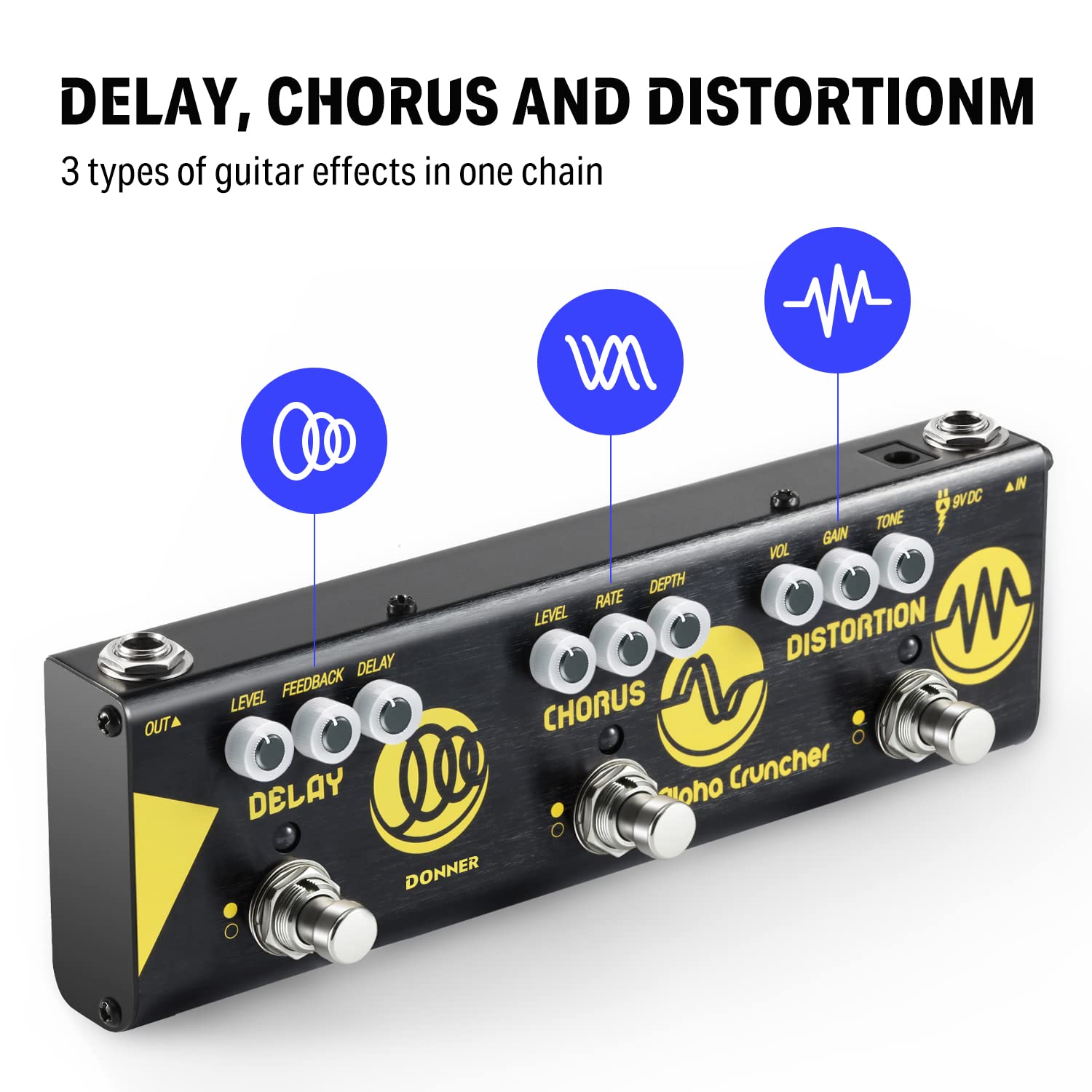 Donner Multi Pedal de efecto guitarra efectos de Cruncher 3 tipo de Alpha retardo Chorus Pedal de distorsión con adaptador