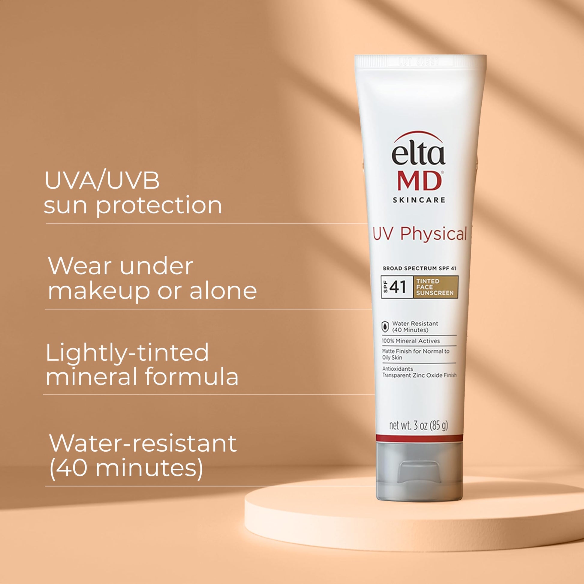 EltaMD UV Physical Tinted Broad-Spectrum SPF 41, Protector solar, Fórmula de óxido de zinc a base de minerales, resistente al agua, sin aceite, recomendada por dermatólogos, 85g