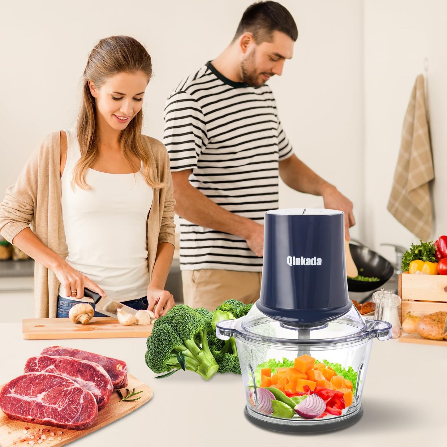 Procesador de Alimentos Qinkada Plateado con Molinillo de Carne y Cuencos de Vidrio e Inoxidable