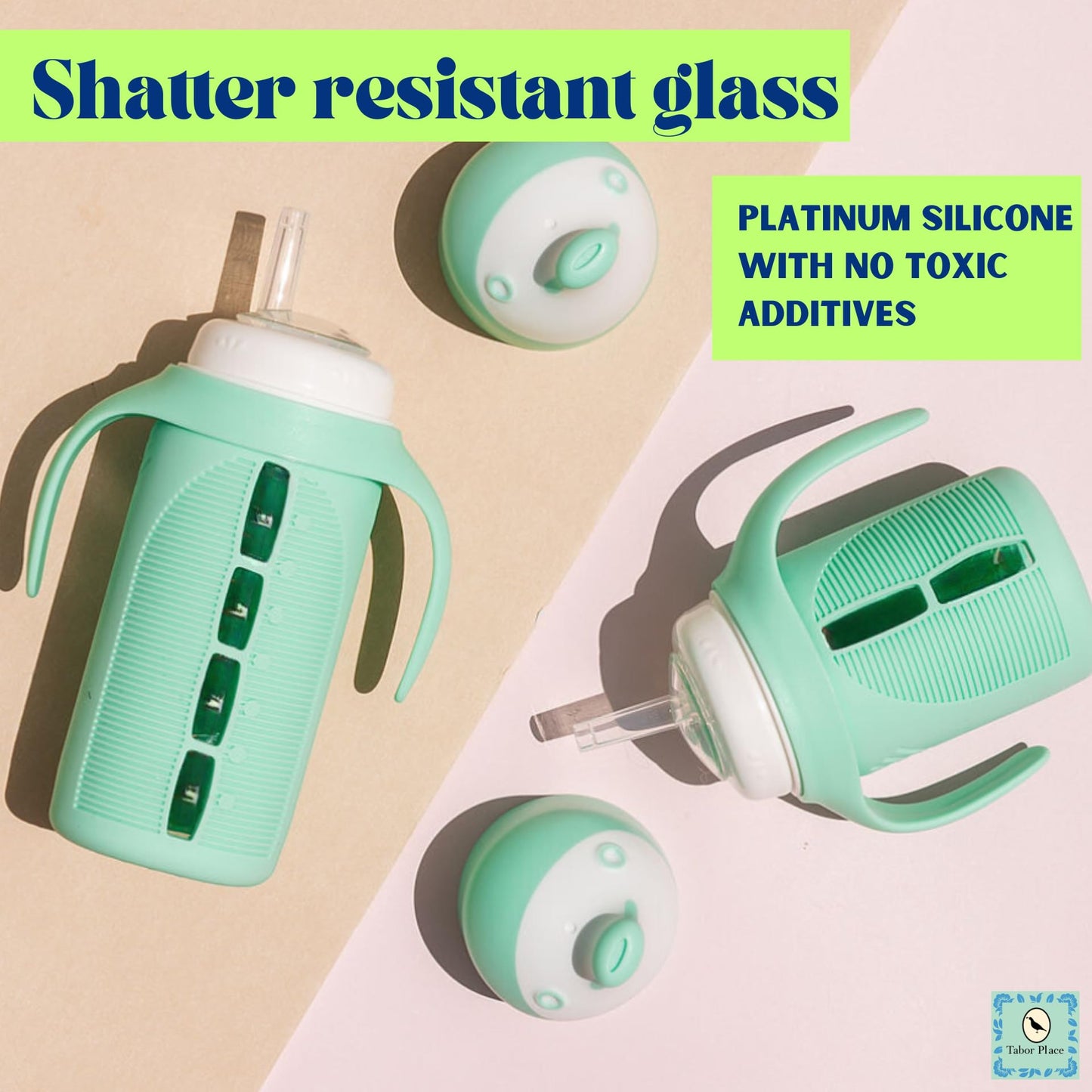 Tabor Place The Minis - Juego de 2 vasos de vidrio para niños pequeños, 5 onzas, a prueba de derrames, popote de silicona, verde menta y morado índigo, líquidos nunca tocan plástico, el mini 2 unidades (paquete de 1)