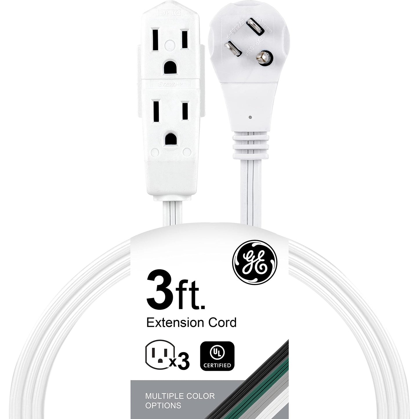GE 69869 - Cable de extensión Plano de 3 tomacorrientes con múltiples tomacorrientes, Extensor de Salida de 3 Puntas, Enchufe Plano, Calibre 16 para Interiores, certificación UL, Blanco