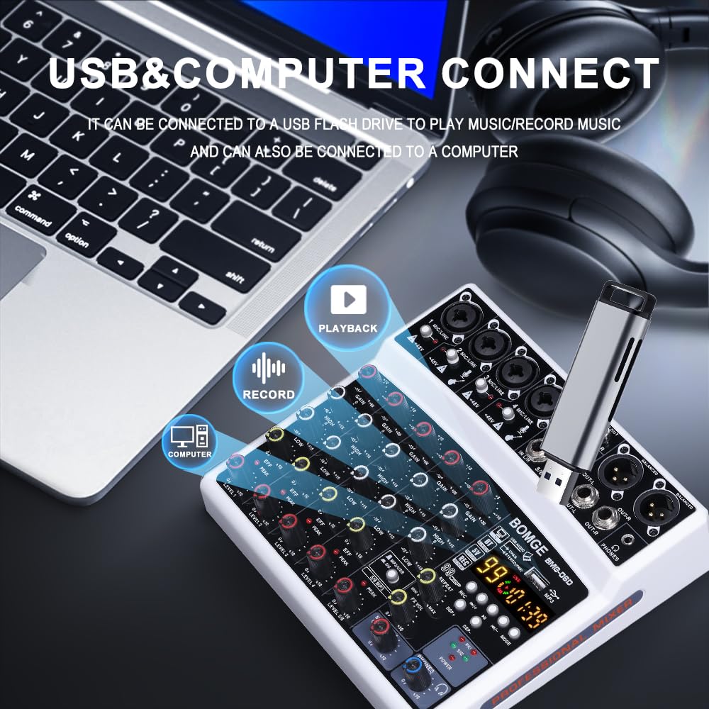 BOMGE - Mezclador de sonido de 6 canales, consola de mezcla digital profesional para streaming en vivo, karaoke y grabación estéreo, con reproducción de grabación de computadora de PC, Bluetooth, MP3