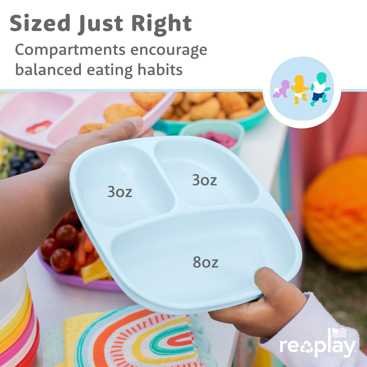 RE-PLAY | Hecho en Estados Unidos | Juego de 3 comidas al día | 3 platos divididos, 3 cuencos de base ancha, 3 juegos de utensilios | Sin BPA | Hecho de jarras de leche recicladas ecológicas | Colección Hues | (Bluesy)