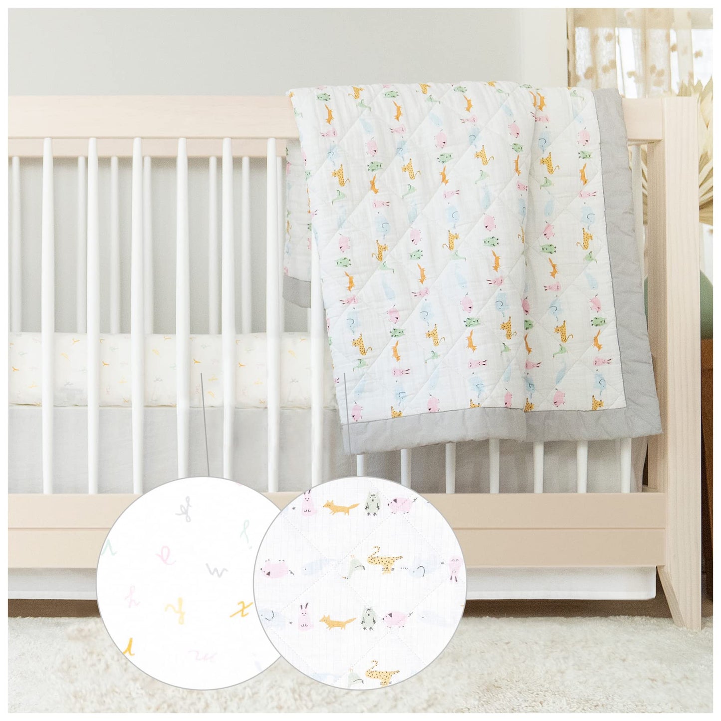 aden + anais Essentials - Juego de ropa de cama de 3 piezas, manta de algodón, sábana de cuna, falda de cuna, animales del alfabeto