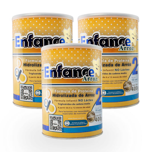 Fraca | Enface Arroz 2 | Fórmula infantil de proteína procesada de arroz | Libre de lactosa | Enriquecida con hierro |Desde 6 a 12 meses | Pack 3 latas 400g c/u