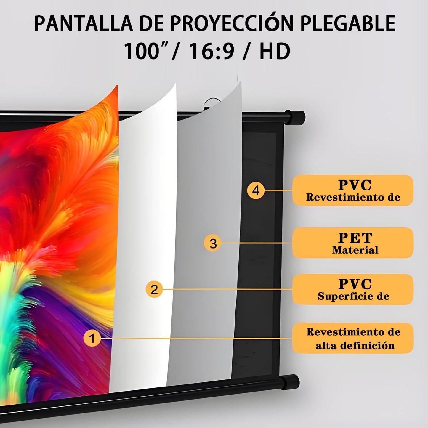 Genérico 100 Pulgadas Visualización de Proyección, Pantalla para Proyector, 16:9, Antiarrugas, HD 4K Lona para Proyector, Plegable, Portátil, para Fiesta, Cine En Casa y Camping