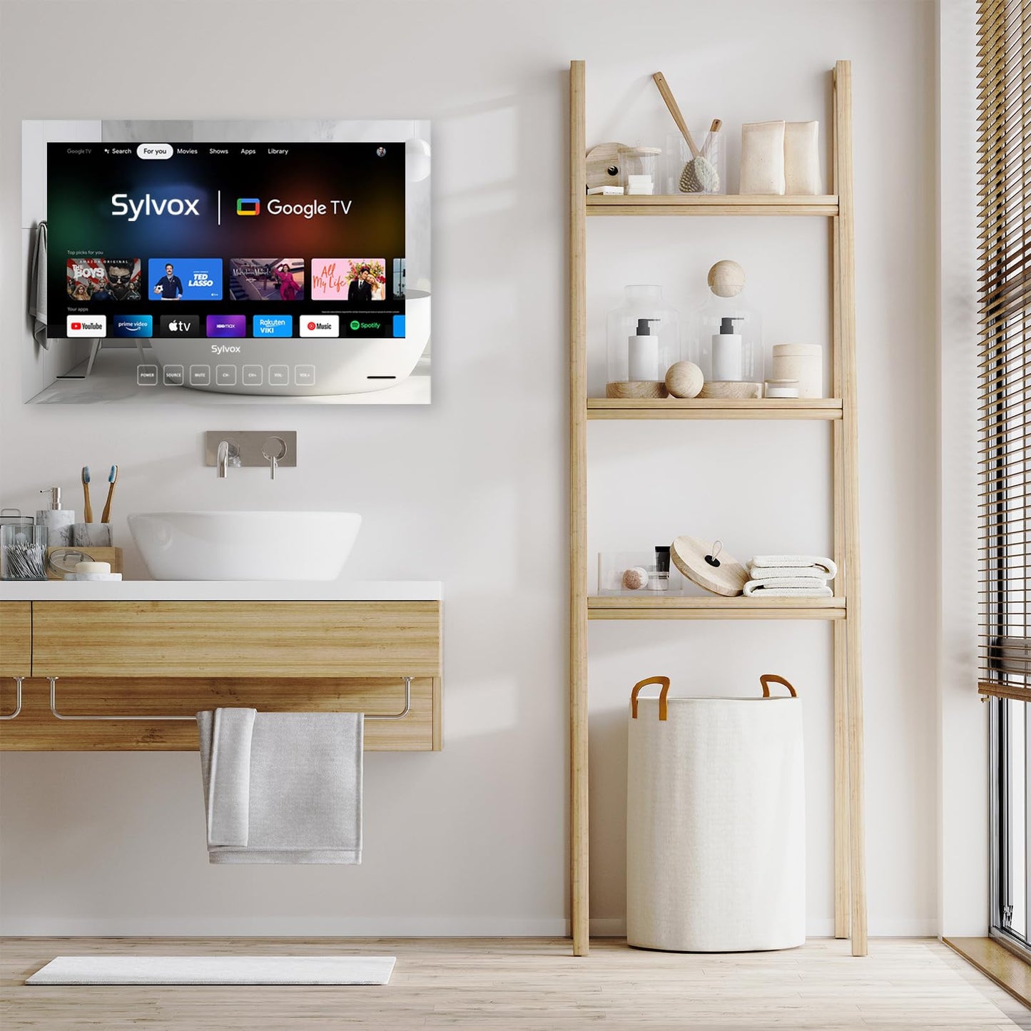 Televisor SYLVOX Espejo Impermeable Negro 24 Pulgadas con Google OS y Control por Voz para Baño