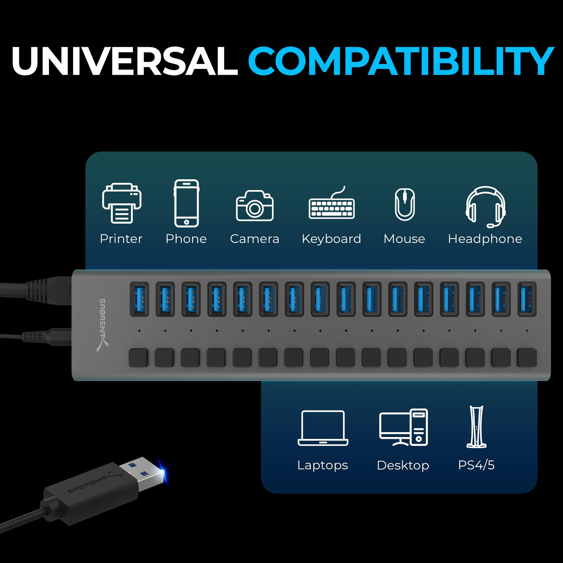 Hub USB 3.0 de 16 Puertos Sabrent Negro con Cargador y Interruptores Individuales
