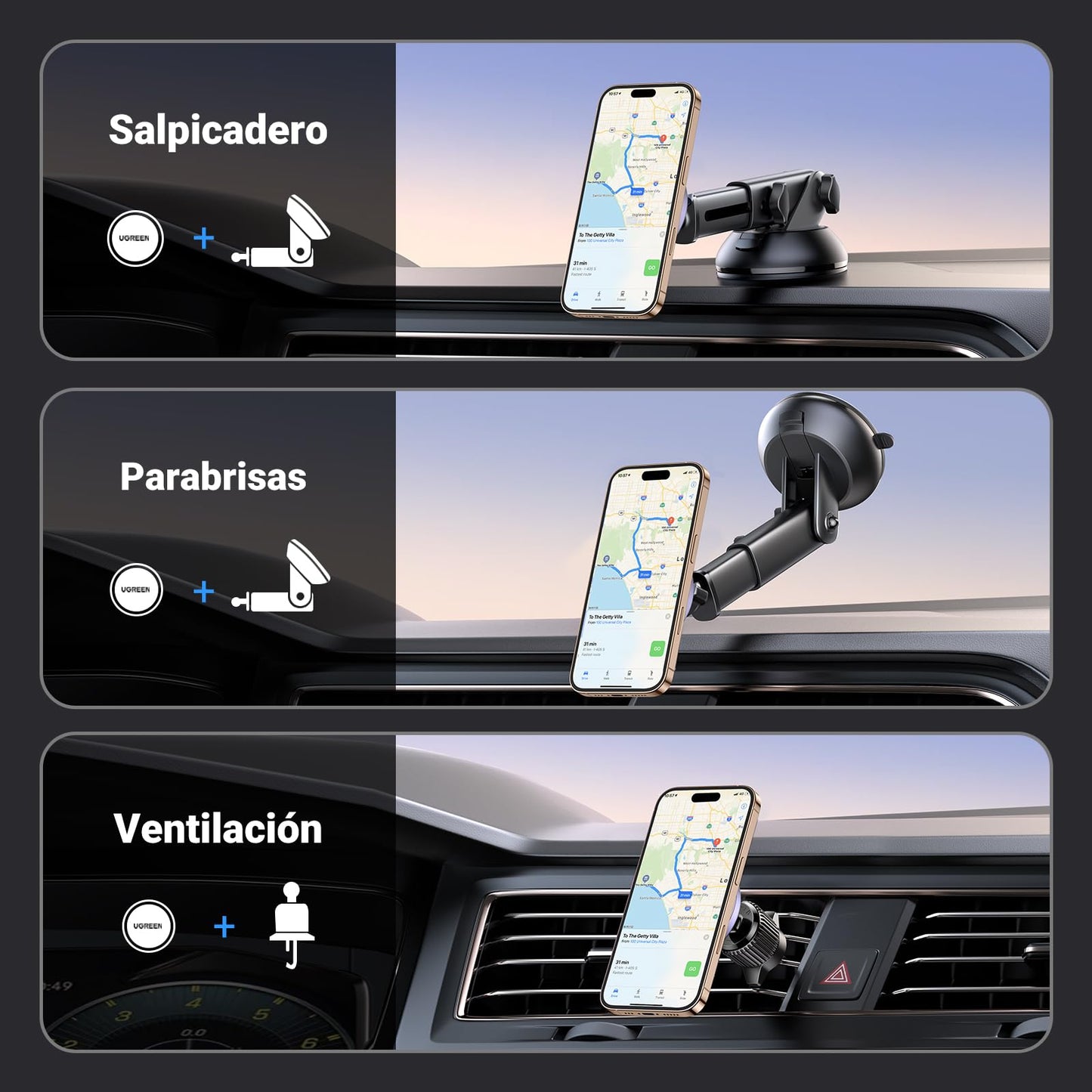 Soporte Celular Automóvil UGREEN Negro Multifuncional MagSafe 3 en 1 para iPhone y Todos los Celulares