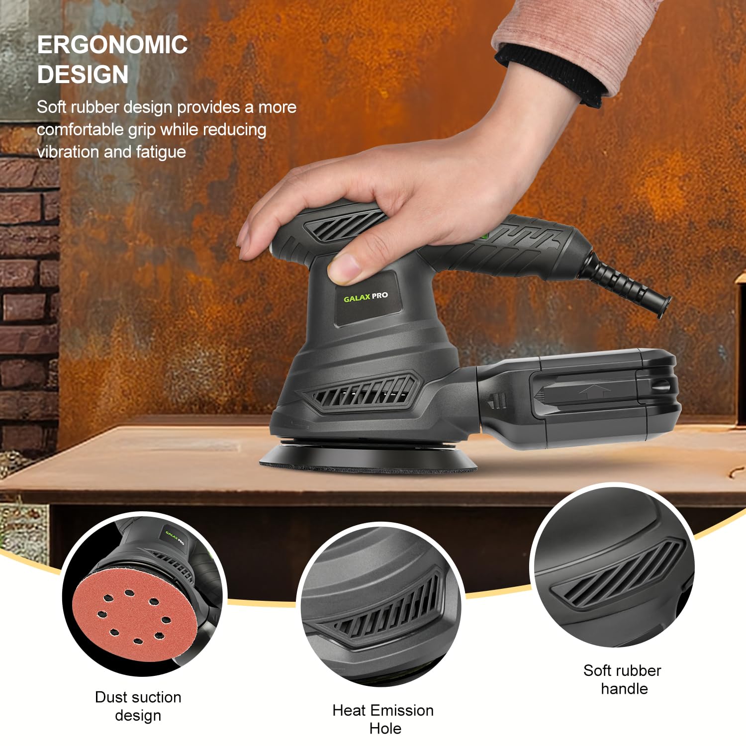 GALAX PRO - Lijadora orbital rotativa de 2.5 A, lijadora orbital eléctrica de 300 W con 6 velocidades diferentes de 6000 a 13000 RPM, 4.9 pulgadas con 20 papeles de lija, 1 bote de polvo, apto para