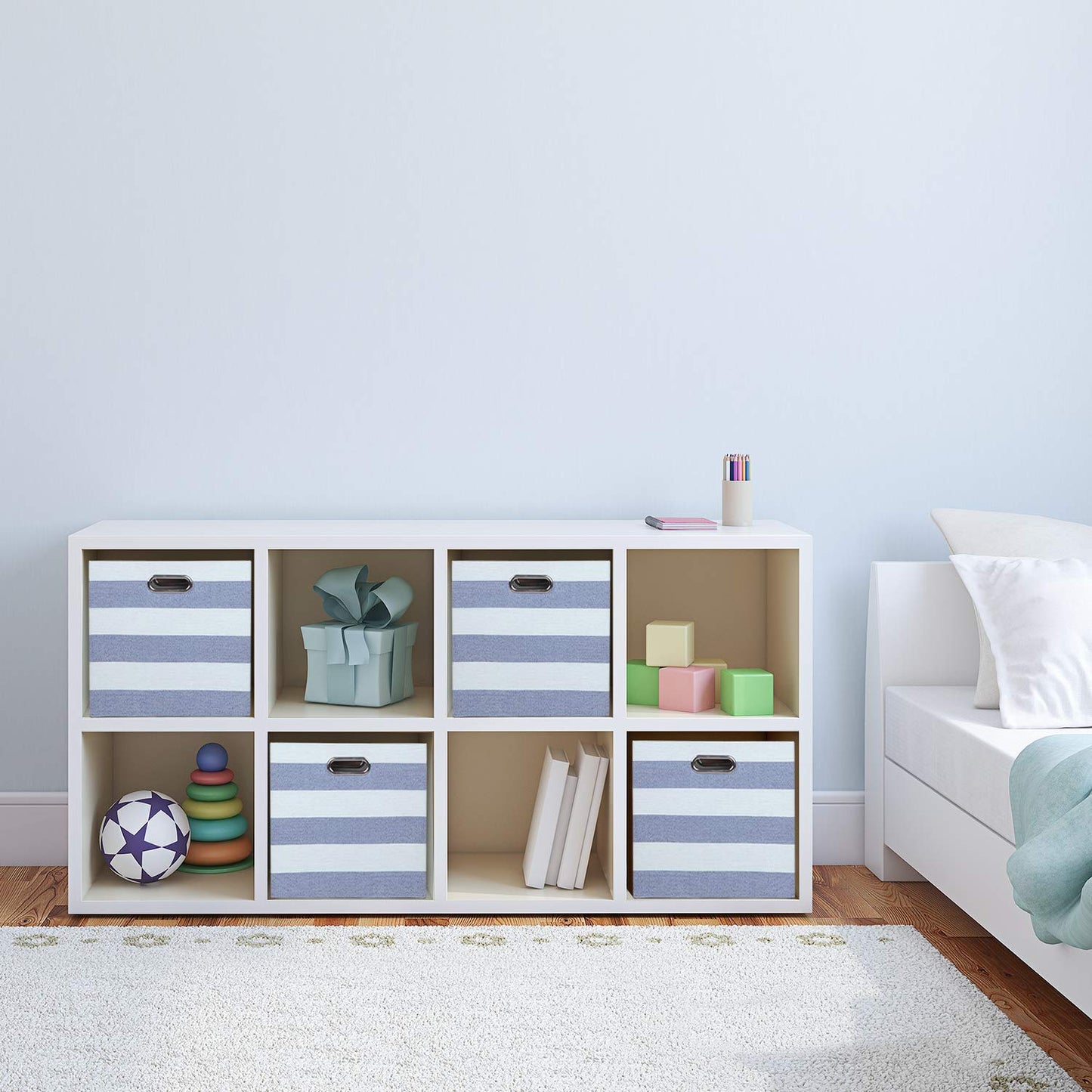 Posprica, cestos organizadores con forma de cubo retraíbles, 33×33 cm, cestas de almacenamiento de tela con forma de cubo, cajones para contenedores para guarderías, oficinas, armarios (Juego de 4