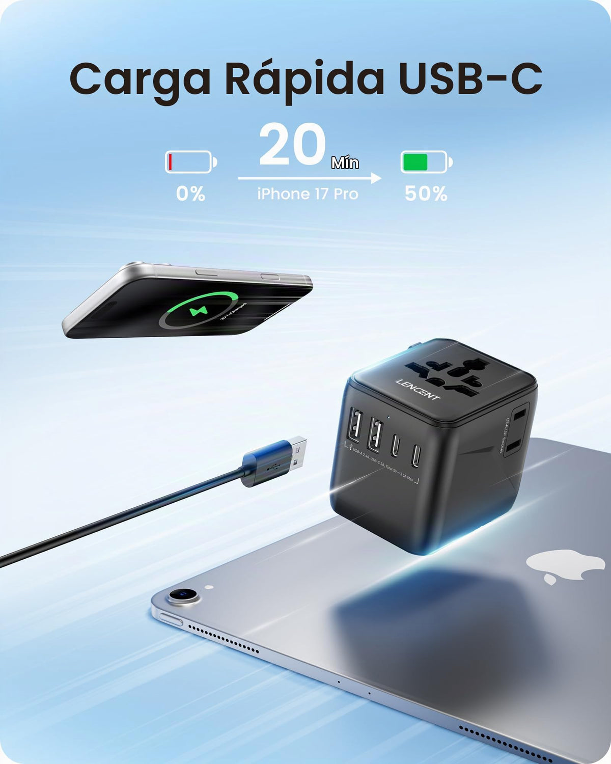 Adaptador de Viaje Universal LENCENT Blanco con Cargador Internacional