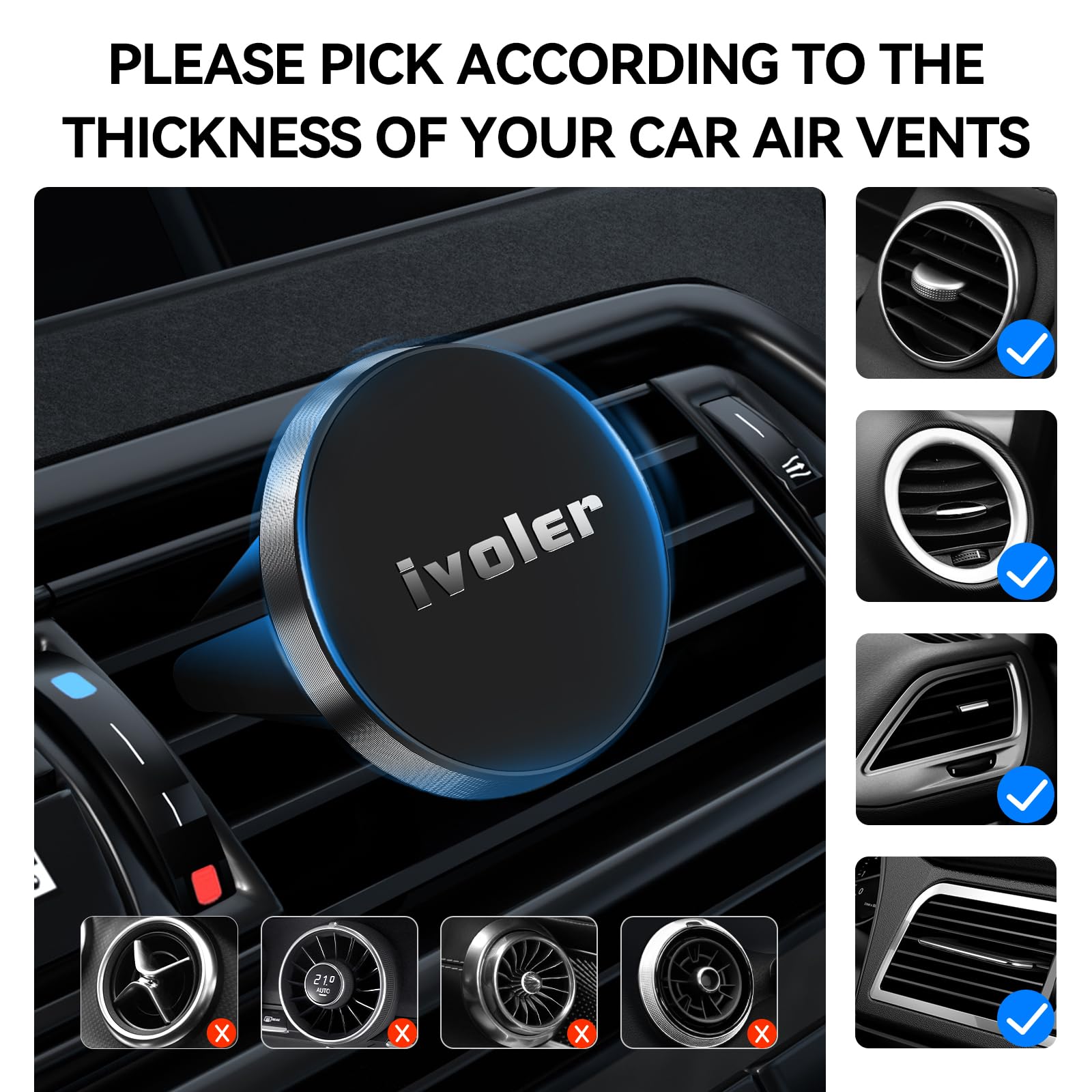 ivoler 2 Pack Soporte Celular Auto Magnético, Porta Base Celular Auto, Iman Coche Móvil para Rejilla del Aire, 360°Rotación, Soporte Magnético Móvil Coche para Smartphone, iPhone, Negro
