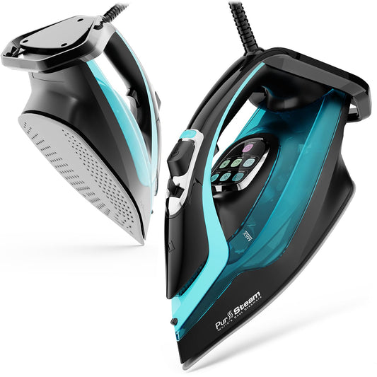 PurSteam SteamTech Elite - Plancha de vapor de 1750 W, control digital de temperatura y visualización LED, suela de cerámica, vapor ajustable, autolimpiable, anticalcio, antigoteo, apagado automático