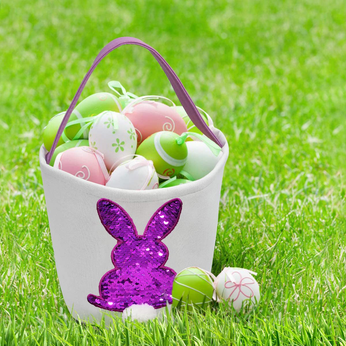 Poptrend Bolsas de cesta de Pascua, huevos de Pascua/cestas de regalo para niños, bolsa de conejo para huevos de Pascua, juguetes, caramelos, regalos (paillette morado)