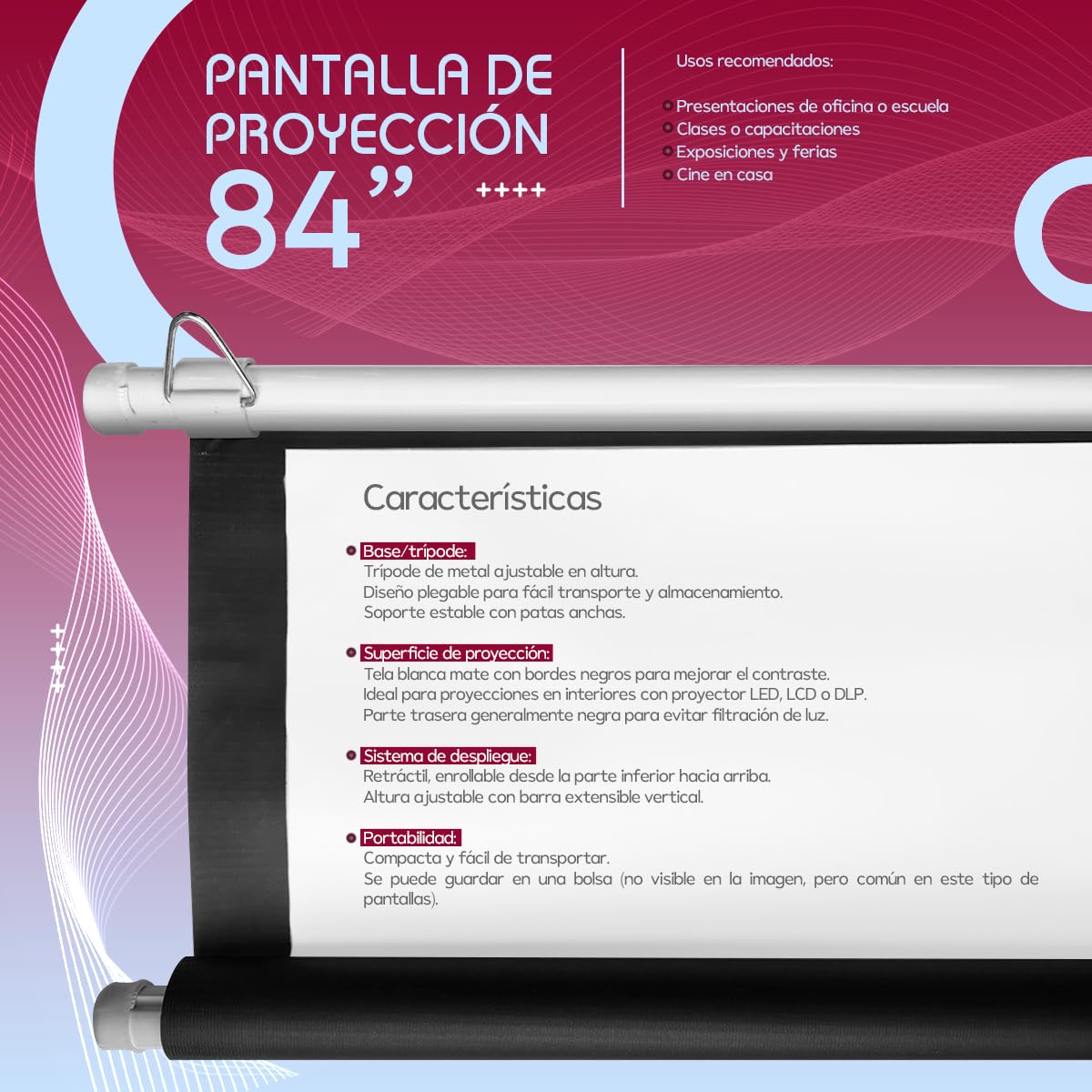 SEAFON Pantalla De Proyección 84 Pulgadas, 4:3 con Trípode