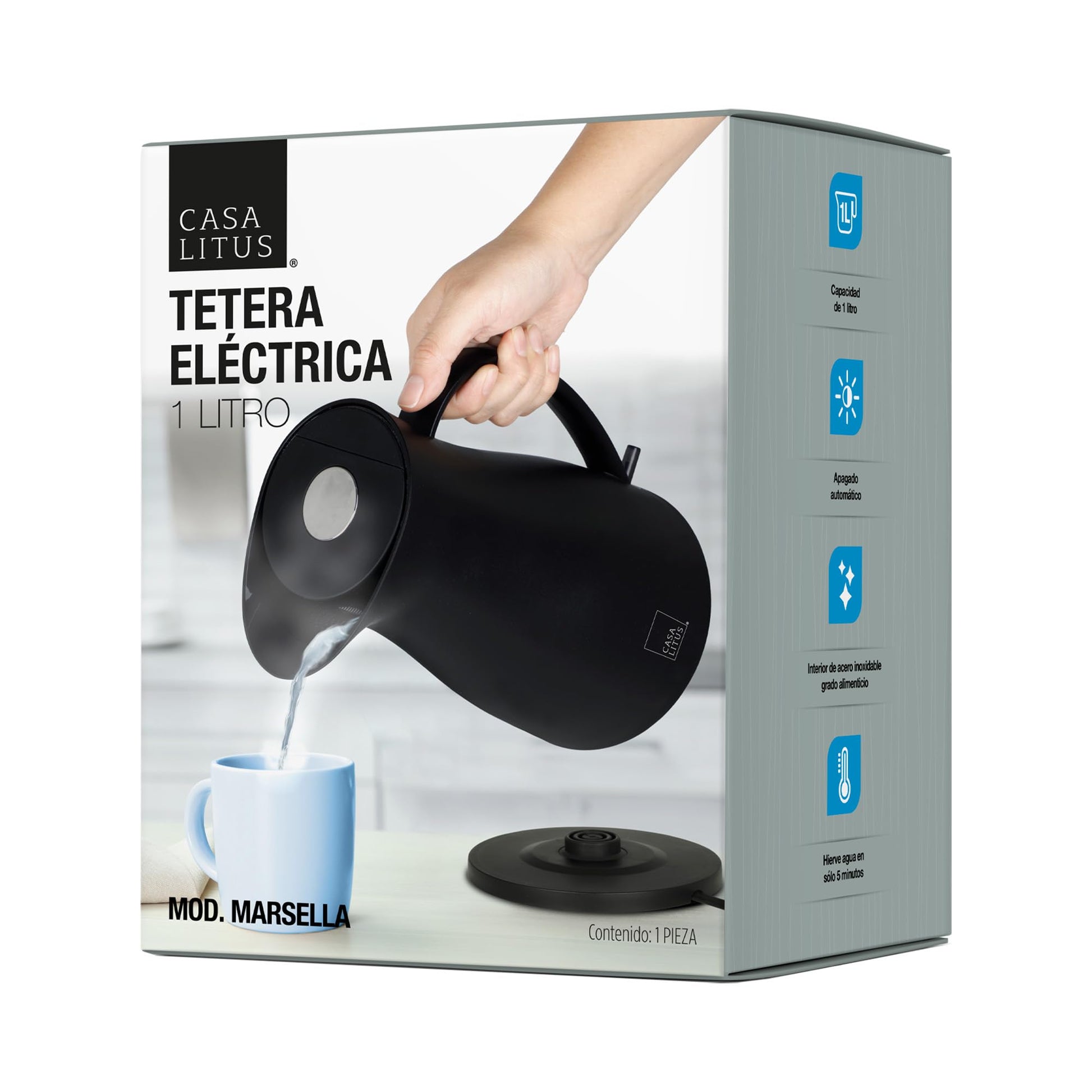 CASA LITUS Tetera Eléctrica Interior de Acero Inoxidable (1 L.), Jarra para Hervir Agua de Diseño Innovador, Hierve Agua en Menos de 5 Minutos, Sistema de Apagado Automático y Luz LED, para Café o Té