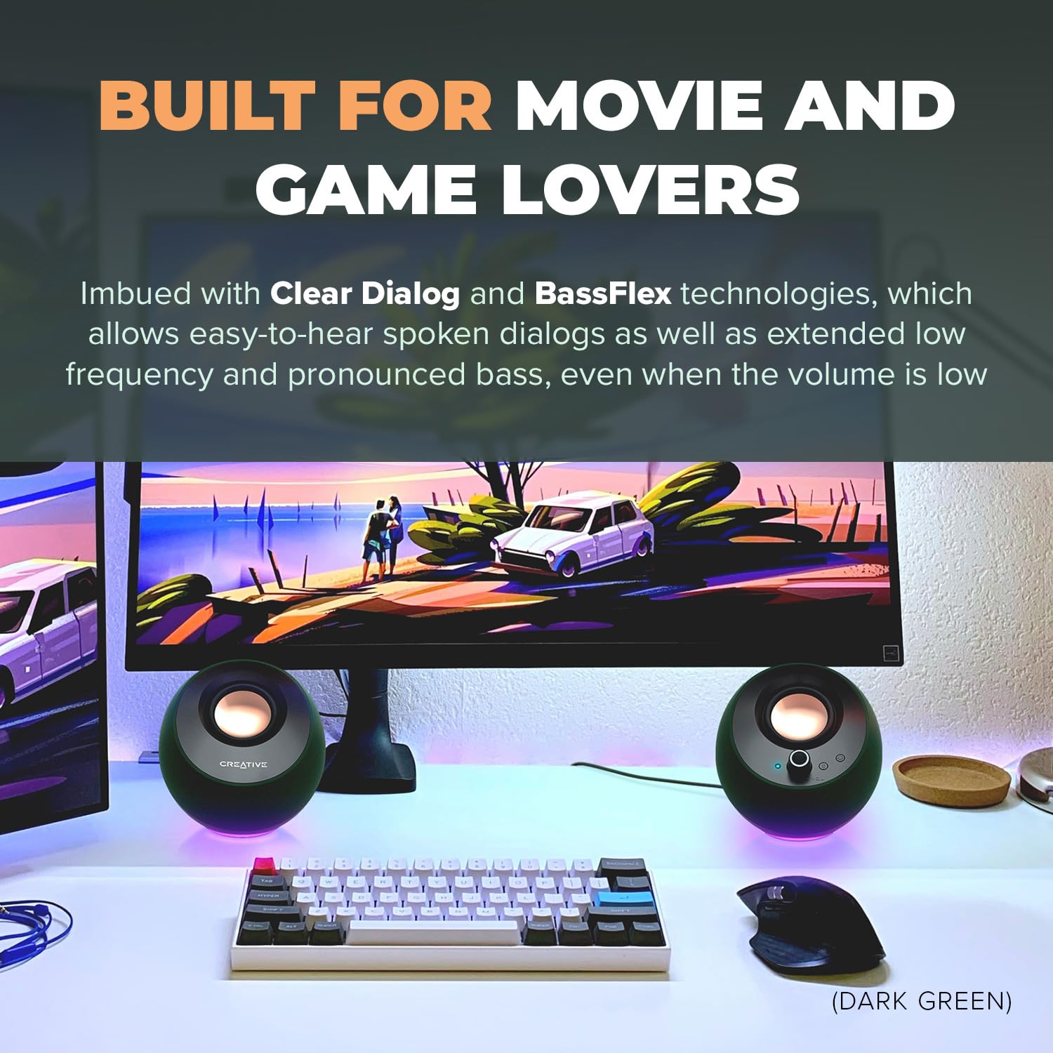 Creative Pebble Pro - Altavoces minimalistas 2.0 USB-C para computadora con Bluetooth 5.3 e iluminación RGB personalizable, diálogo claro y tecnología BassFlex, audio USB, puerto de auriculares, para