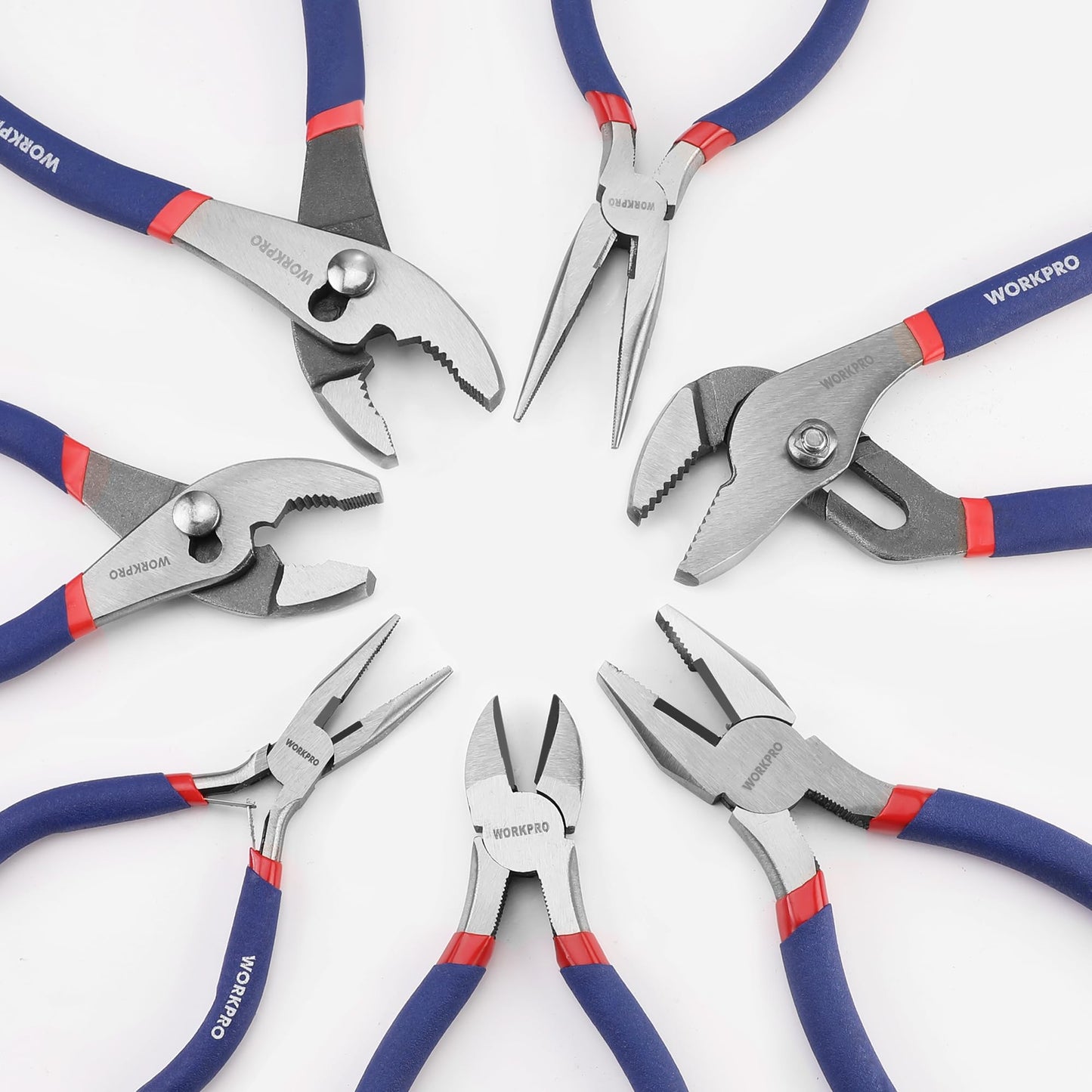 Workpro 7-piece Pliers Set (8" Groove Joint Pliers, 6" Long Nose, 6" Slip Joint, 7" Linesman, 8" Slip Joint)