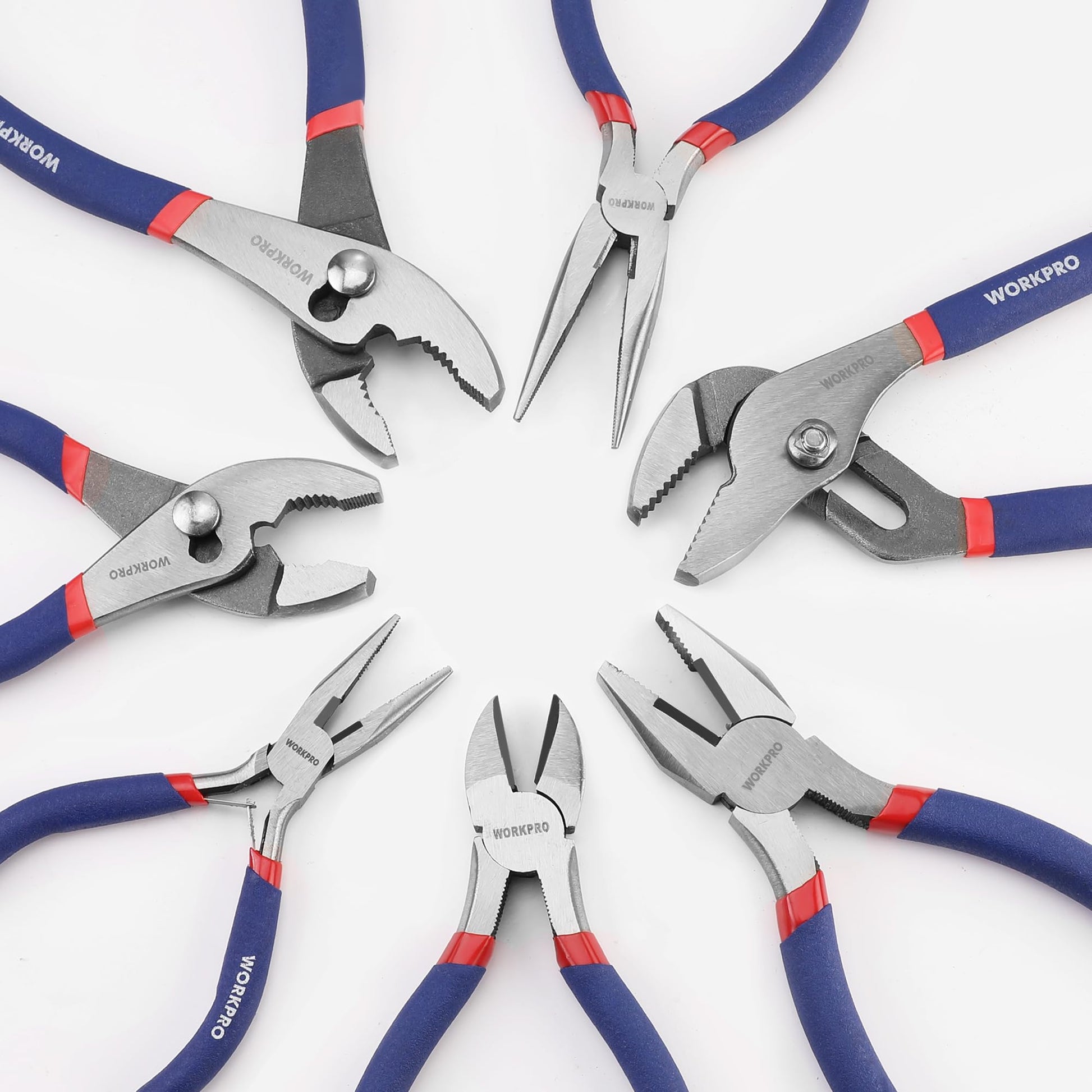 Workpro 7-piece Pliers Set (8" Groove Joint Pliers, 6" Long Nose, 6" Slip Joint, 7" Linesman, 8" Slip Joint)