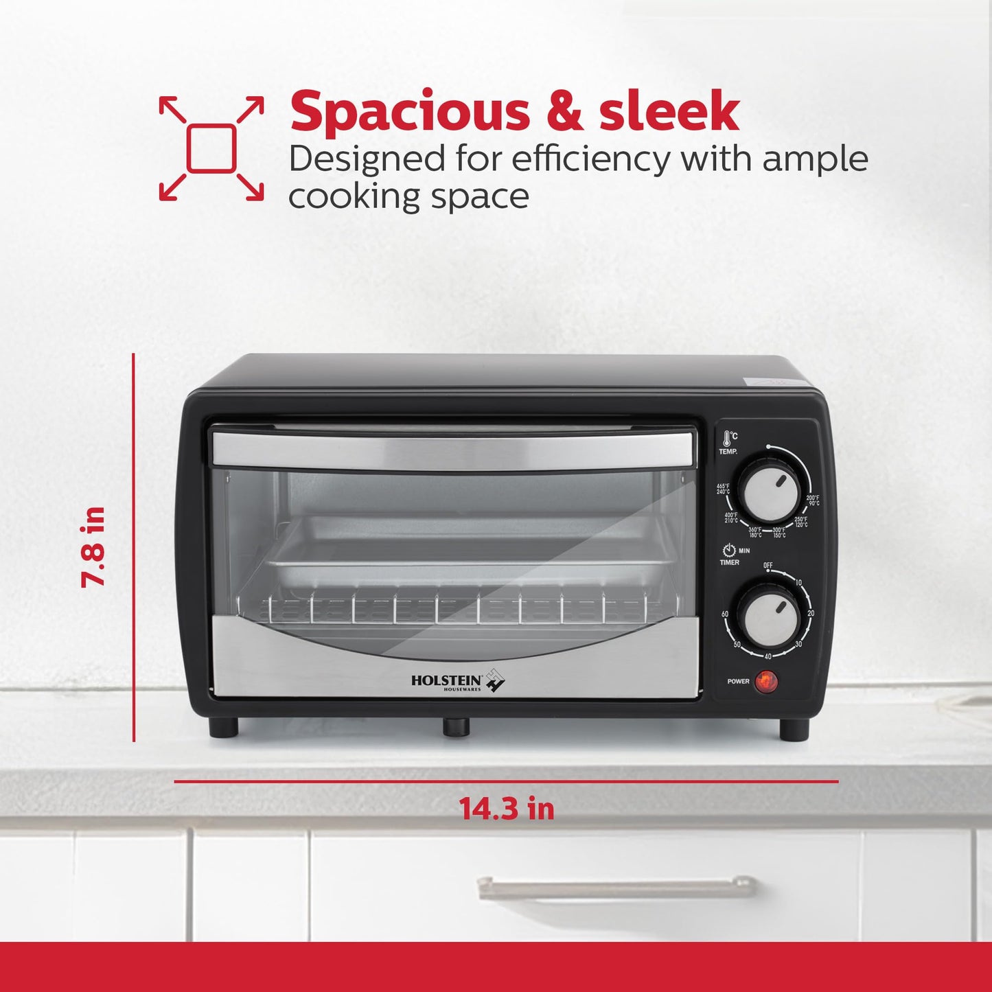 Holstein Housewares - Horno tostador de encimera de 4 rebanadas con temporizador de 60 minutos, incluye bandeja y estante de alambre, perfecto para hornear, asar y tostar, diseño compacto en negro