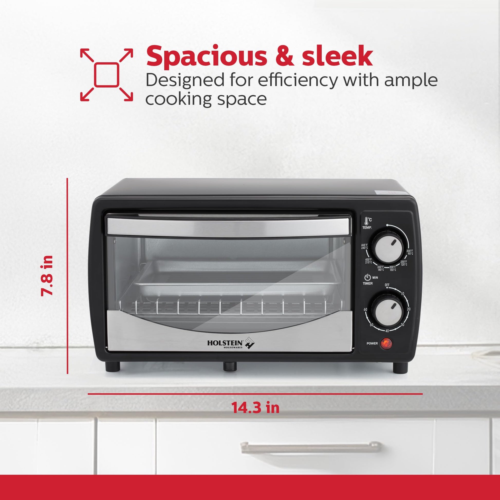 Holstein Housewares - Horno tostador de encimera de 4 rebanadas con temporizador de 60 minutos, incluye bandeja y estante de alambre, perfecto para hornear, asar y tostar, diseño compacto en negro
