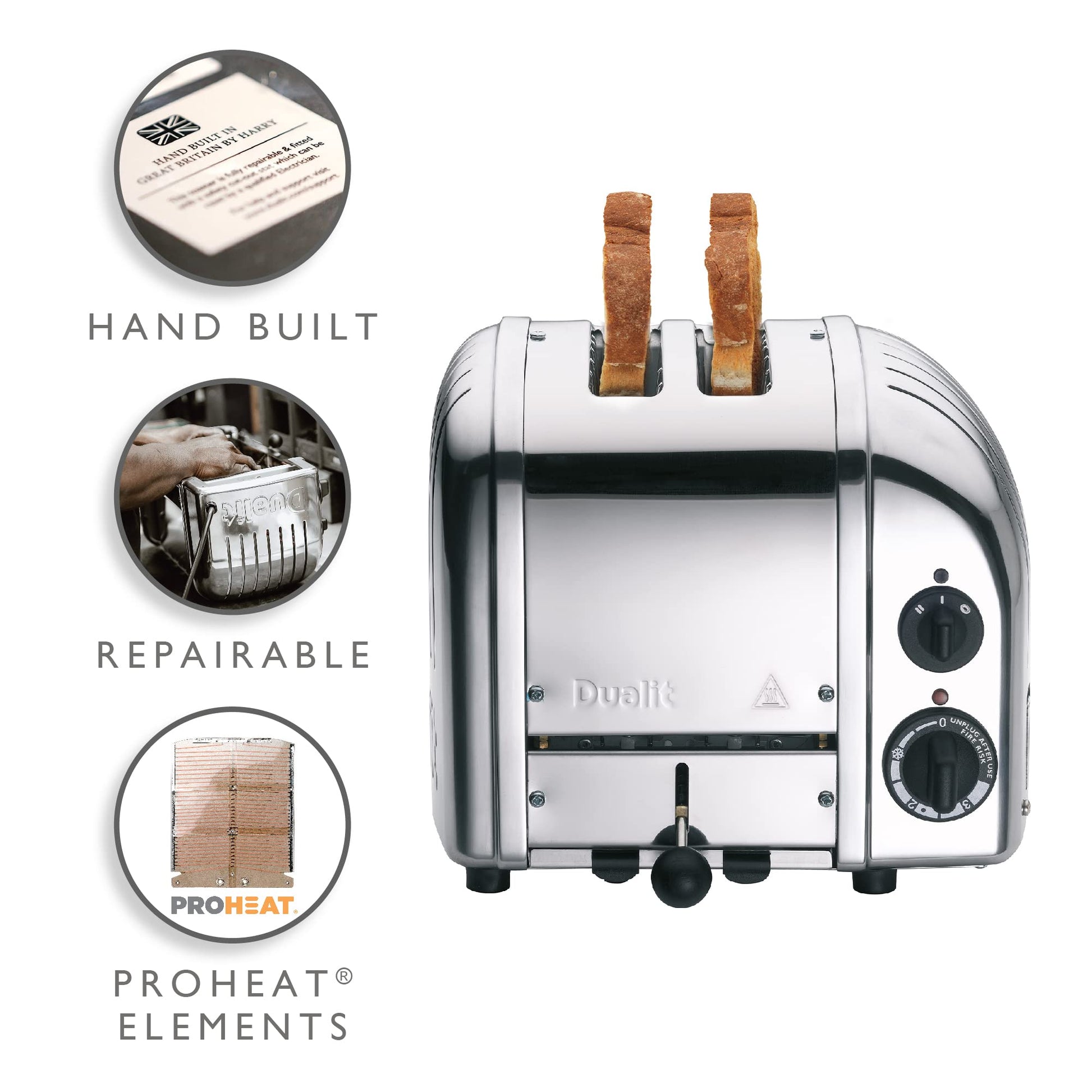 Dualit Classic - tostador NewGen de 2 rebanadas - Acero inoxidable - Construido a mano en el Reino Unido - Elementos ProHeat reemplazables - Descongelar pan - Temporizador mecánico - tostador clásica