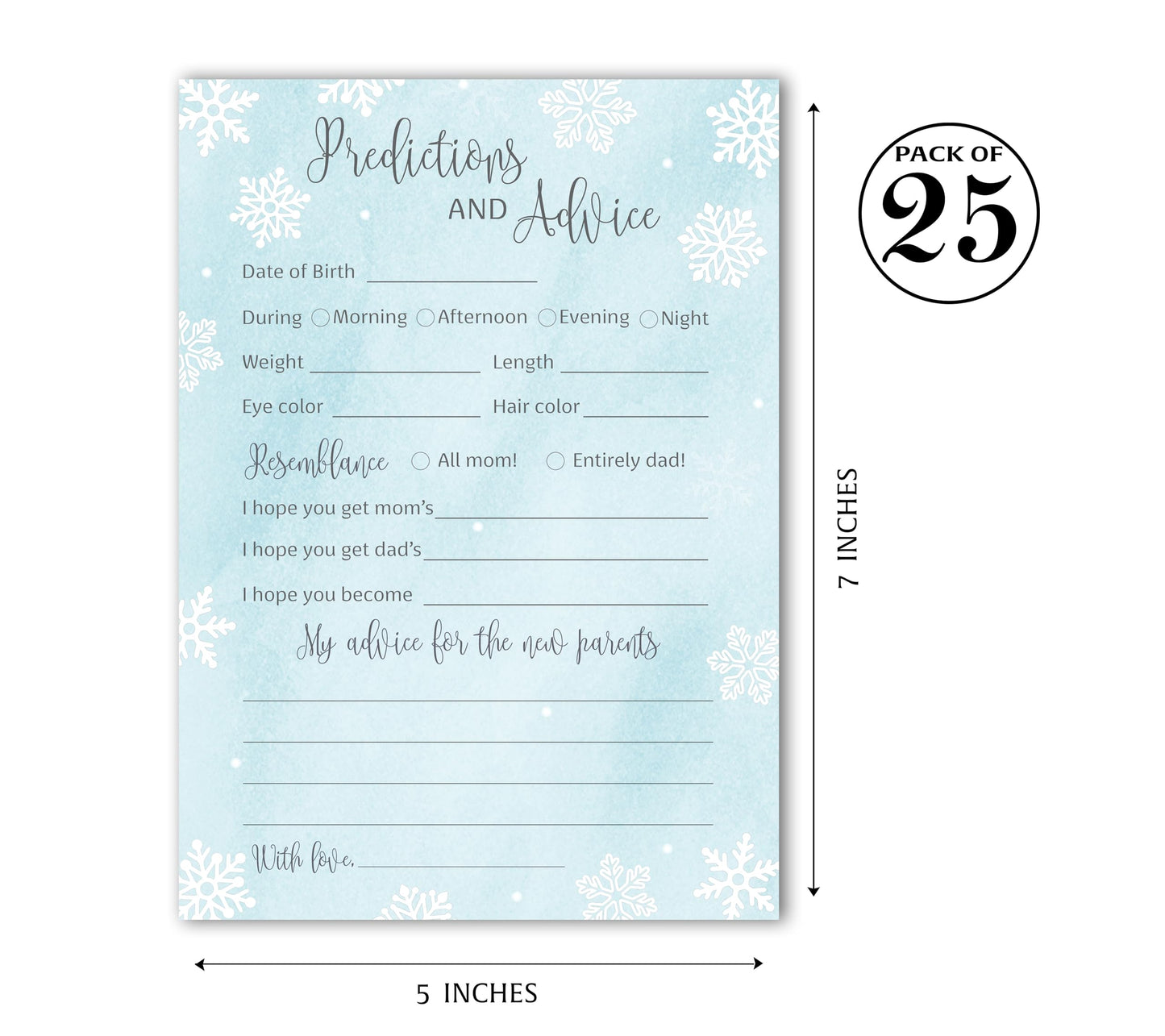 SNOWFLAKES - Tarjetas de predicción y consejos – Paquete de 25 – Juego de baby shower para niños, deseos para nuevos padres, mamá y papá, mamá y papá, mensaje de baby shower actividad, recuerdo Frost Holiday G781-PDAV
