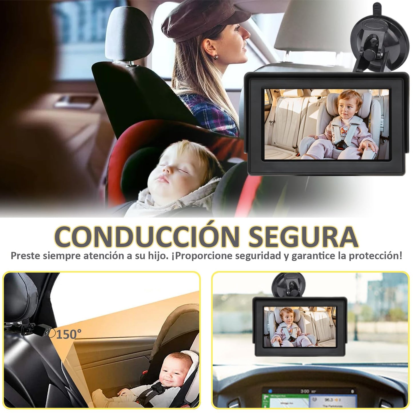 KASIKAI Cámara para Bebé Asiento Trasero HD 1080P, Pantalla 4.3'' Espejo Retrovisor con 8 Leds Visión Nocturna, 150° Ángulo Amplio y 360° Giratorio, Monitor para Carro Bebé, Cámara Coche Infantil