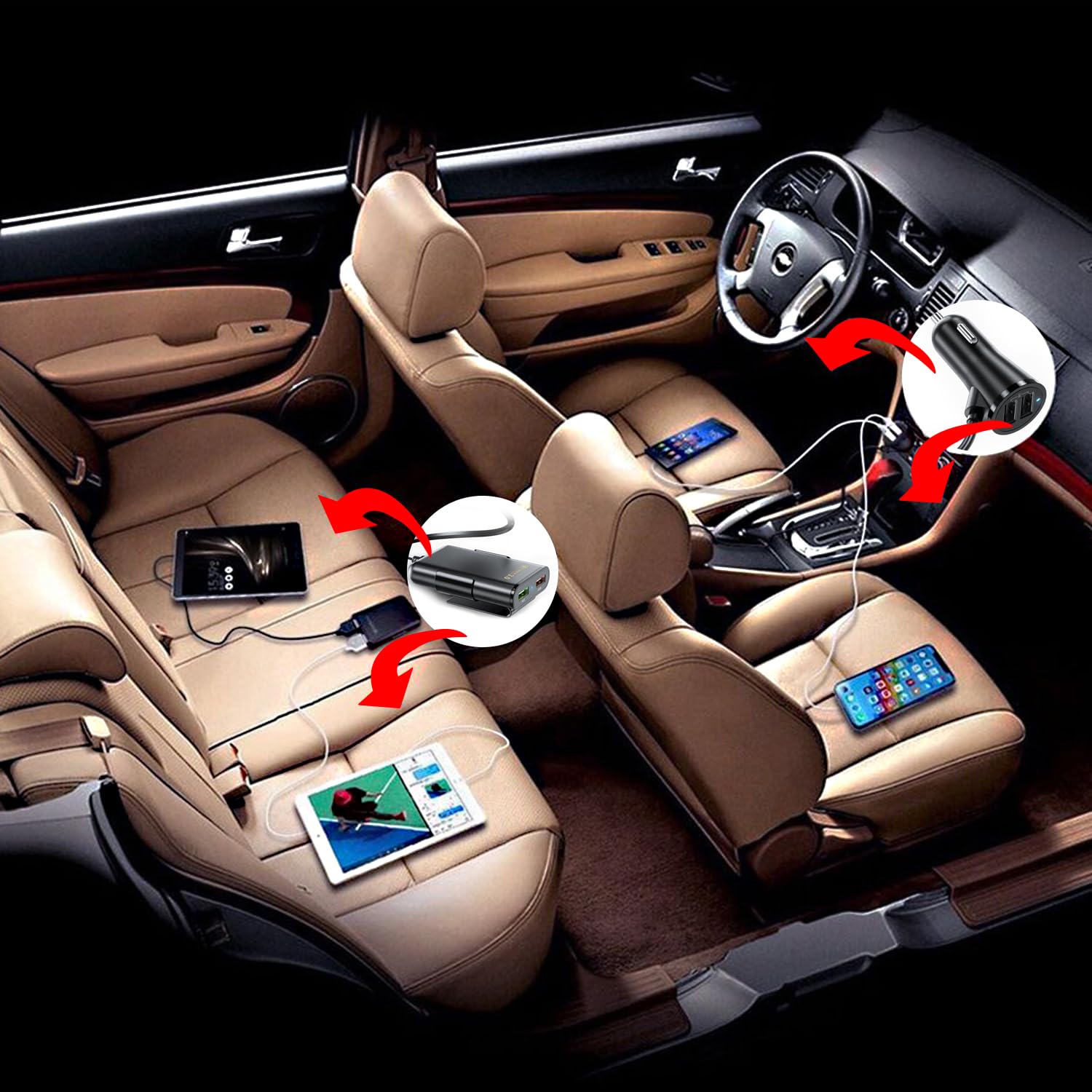 AMXYYDS Cargador para Auto USB C,Carga rapida,Cargador Coche Rápido con,Coche, QC 3.0 y PD,Cable de extensión 1.2m,Puerto USB para Auto(Redondo)