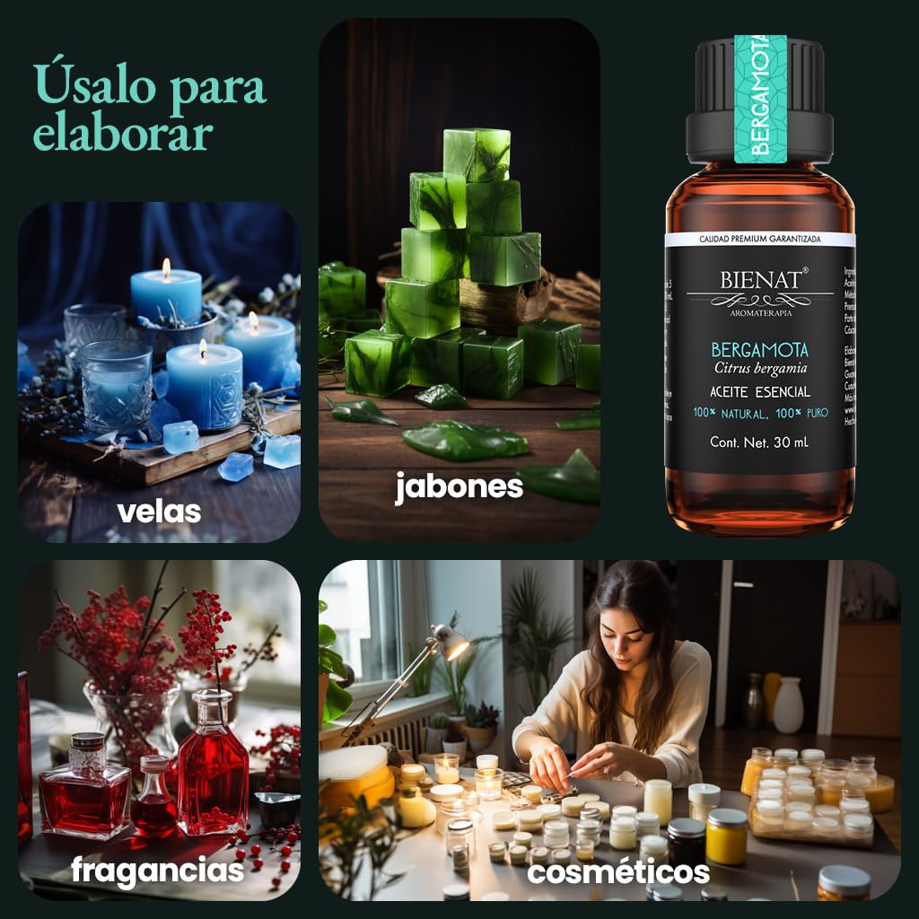 BIENAT AROMATERAPIA Aceite Esencial de Bergamota 30mL | 100% Puro y Concentrado | Ideal para Difusor de Aromas, Humidificador, Aromaterapia, Masajes, Meditación, Jabones y Velas | Esencia Natural en Gotas